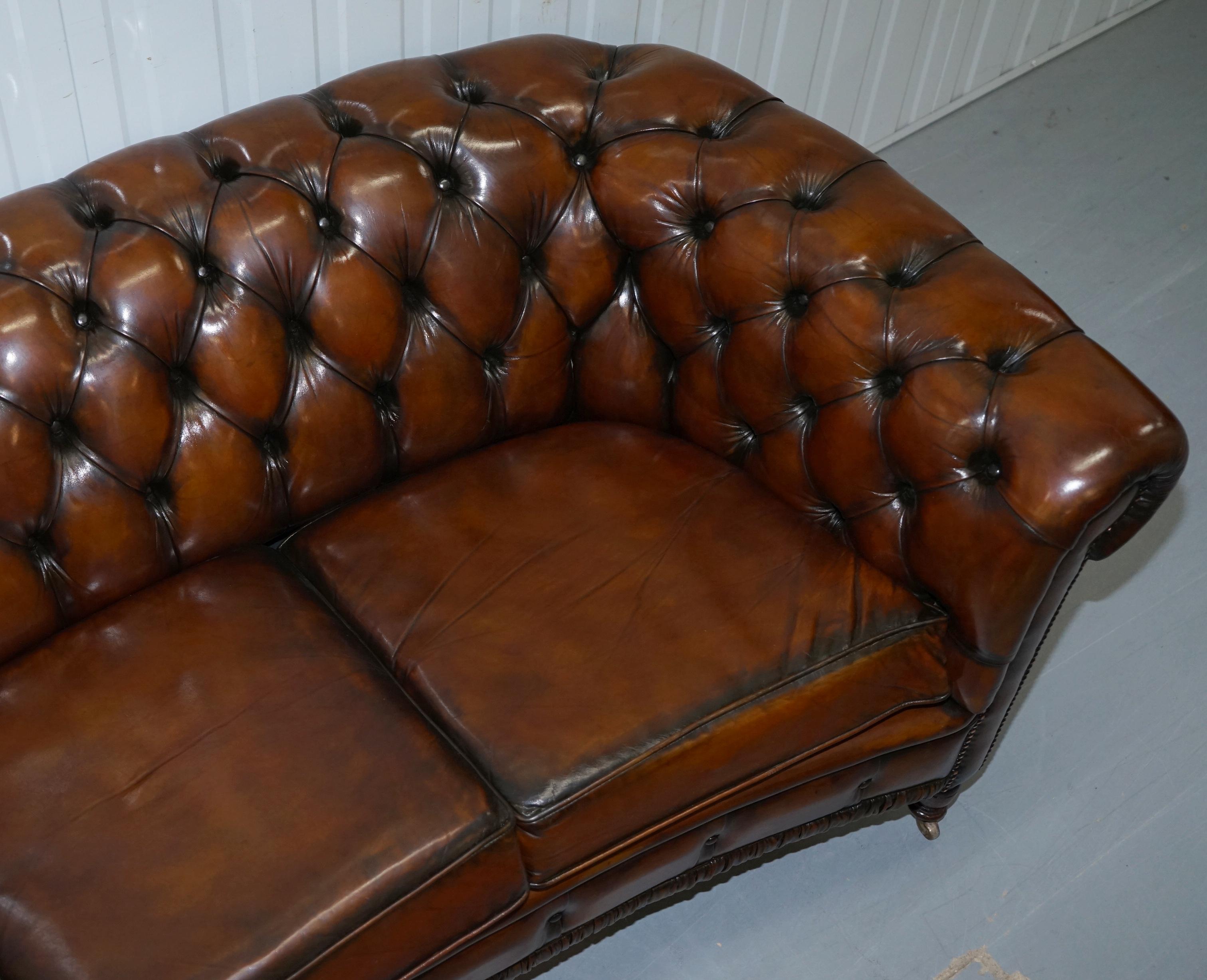 English Very Rare Curved Front Fully Restored Cigar Brown Leather Chesterfield Club Sofa