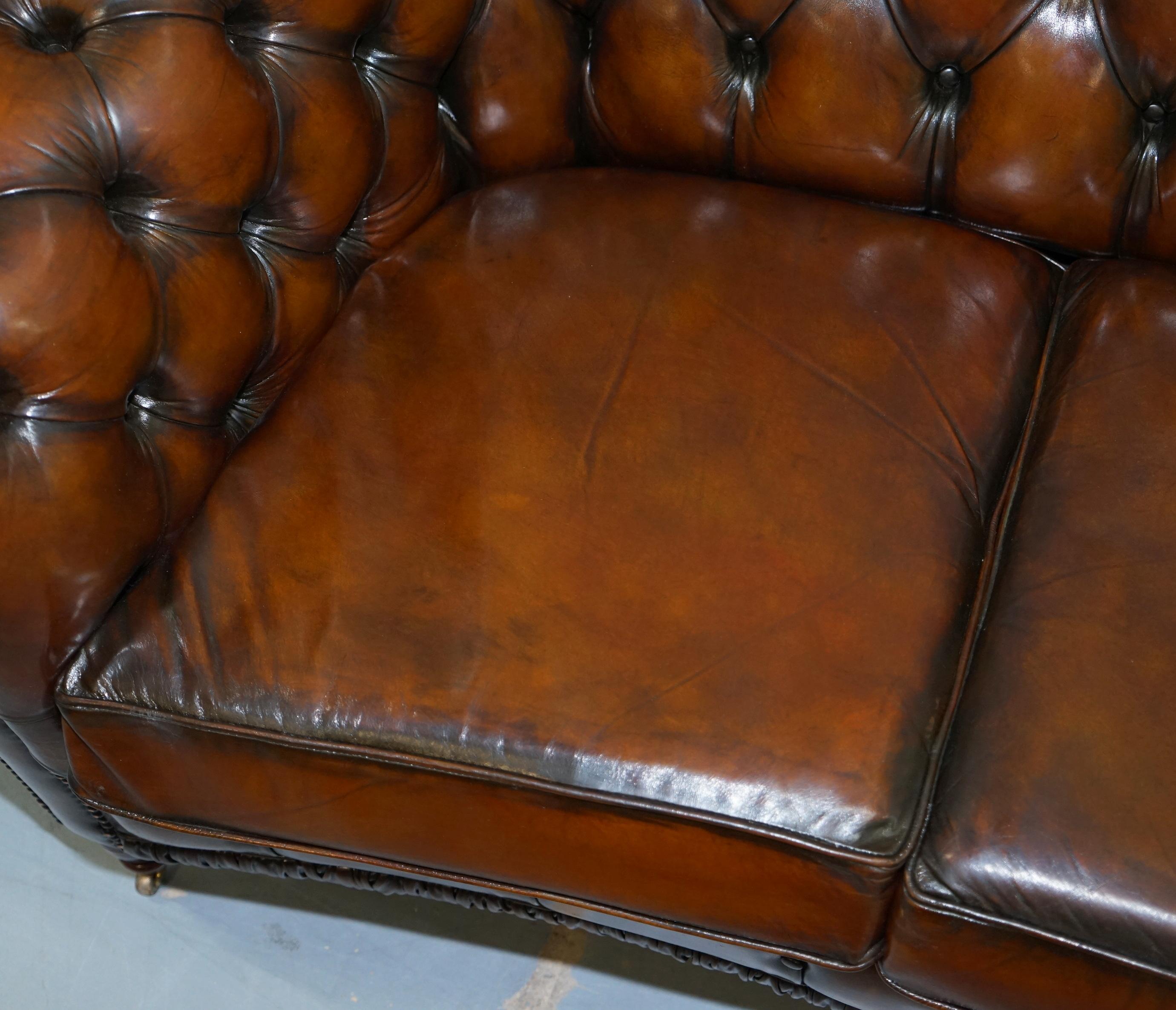 Hand-Crafted Very Rare Curved Front Fully Restored Cigar Brown Leather Chesterfield Club Sofa