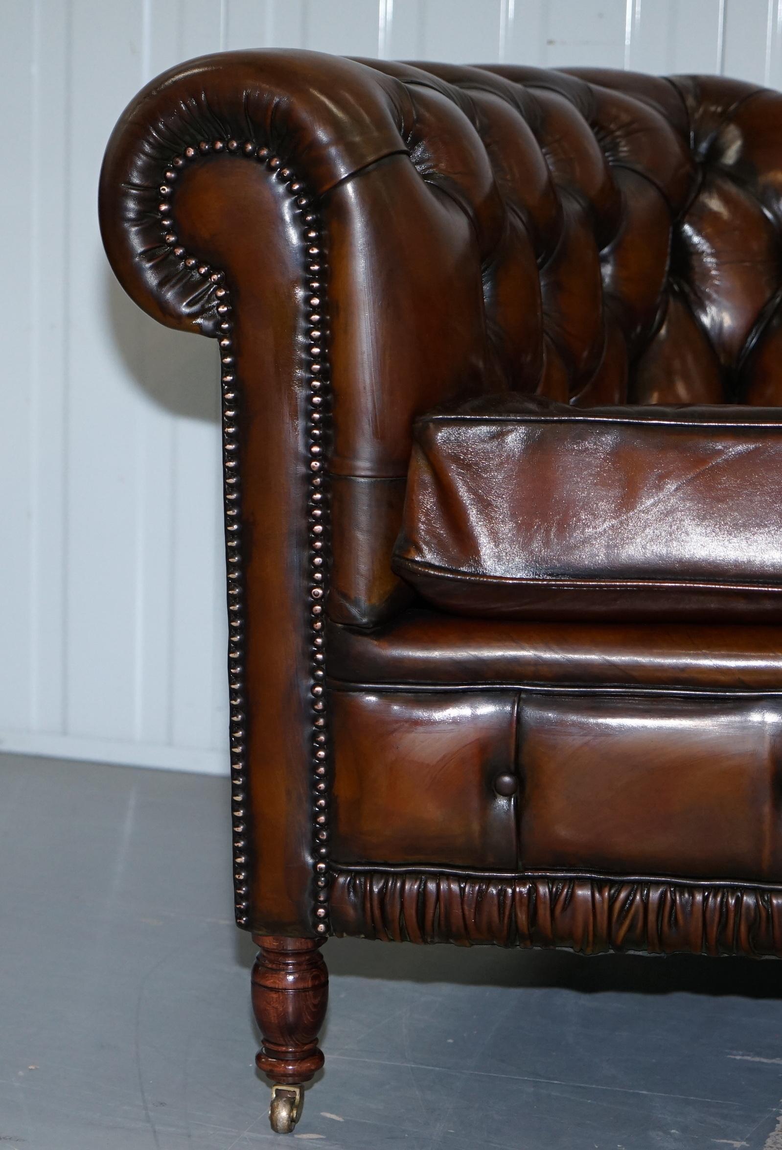 Mid-20th Century Very Rare Curved Front Fully Restored Cigar Brown Leather Chesterfield Club Sofa