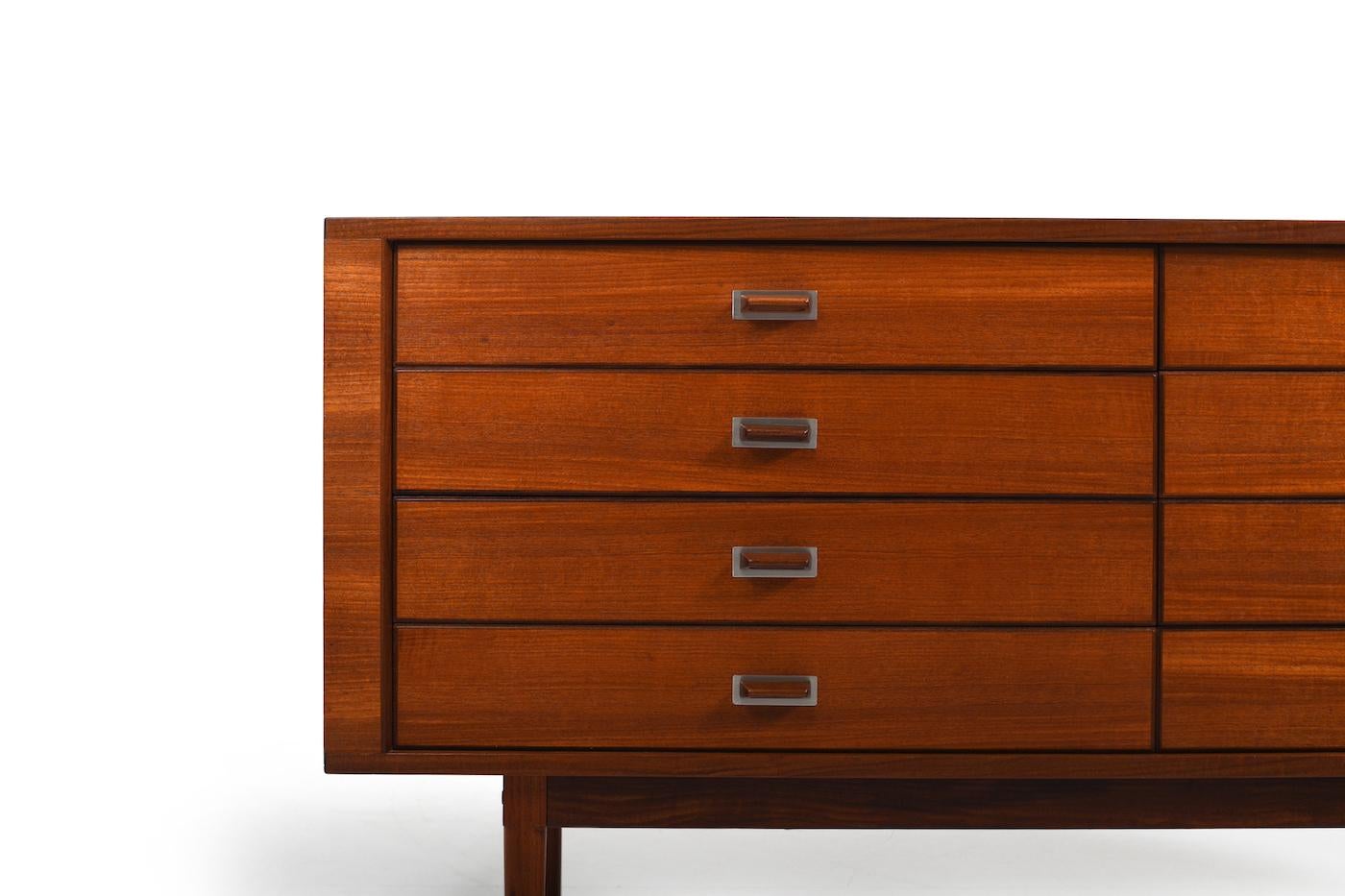 Very rare and finest double chest of drawers / sideboard in teak by Peter Løvig-Nielsen. With 8 drawers. Handles with aluminum details. Løvig Design Denmark 1960s.