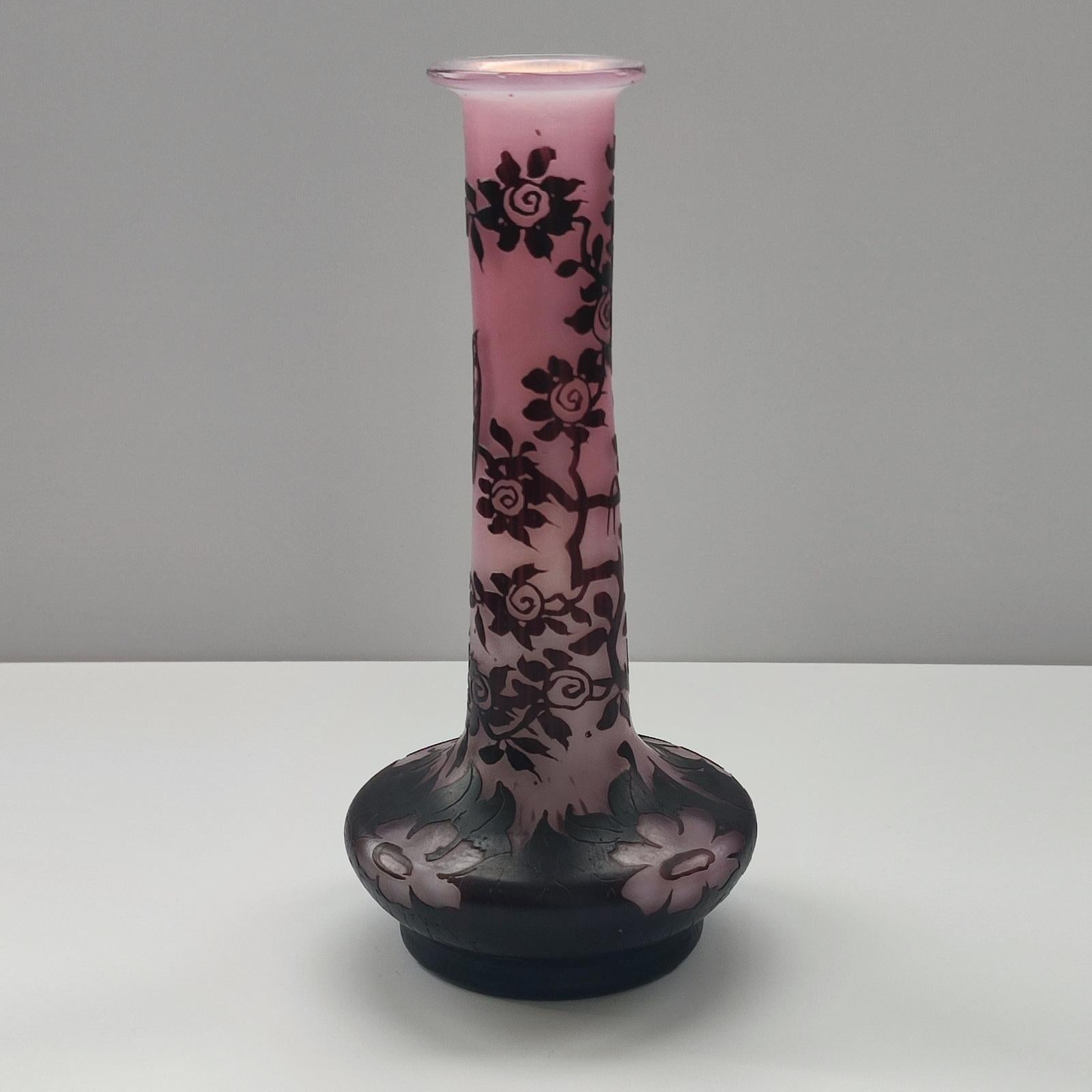 French Very Rare De Vez Art Nouveau Cameo Glass Vase with Etched Floral Decor For Sale