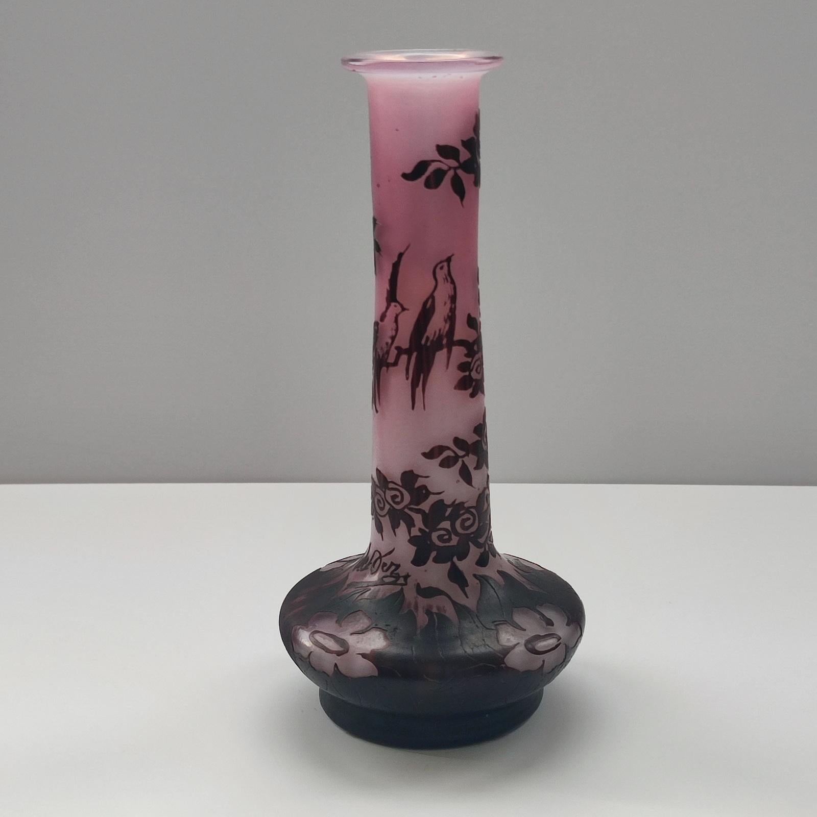 French Very Rare De Vez Art Nouveau Cameo Glass Vase with Etched Floral Decor For Sale