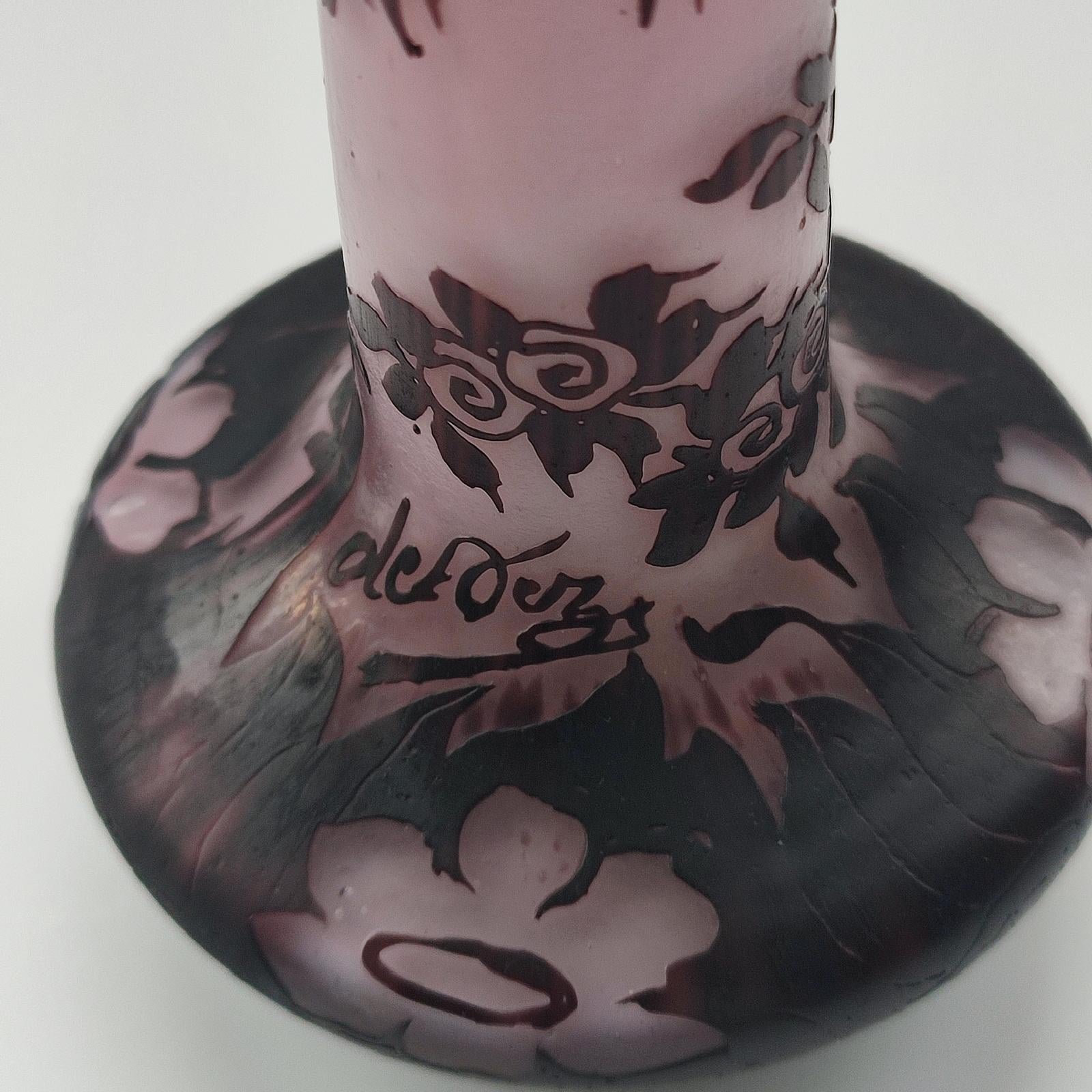 Blown Glass Very Rare De Vez Art Nouveau Cameo Glass Vase with Etched Floral Decor For Sale
