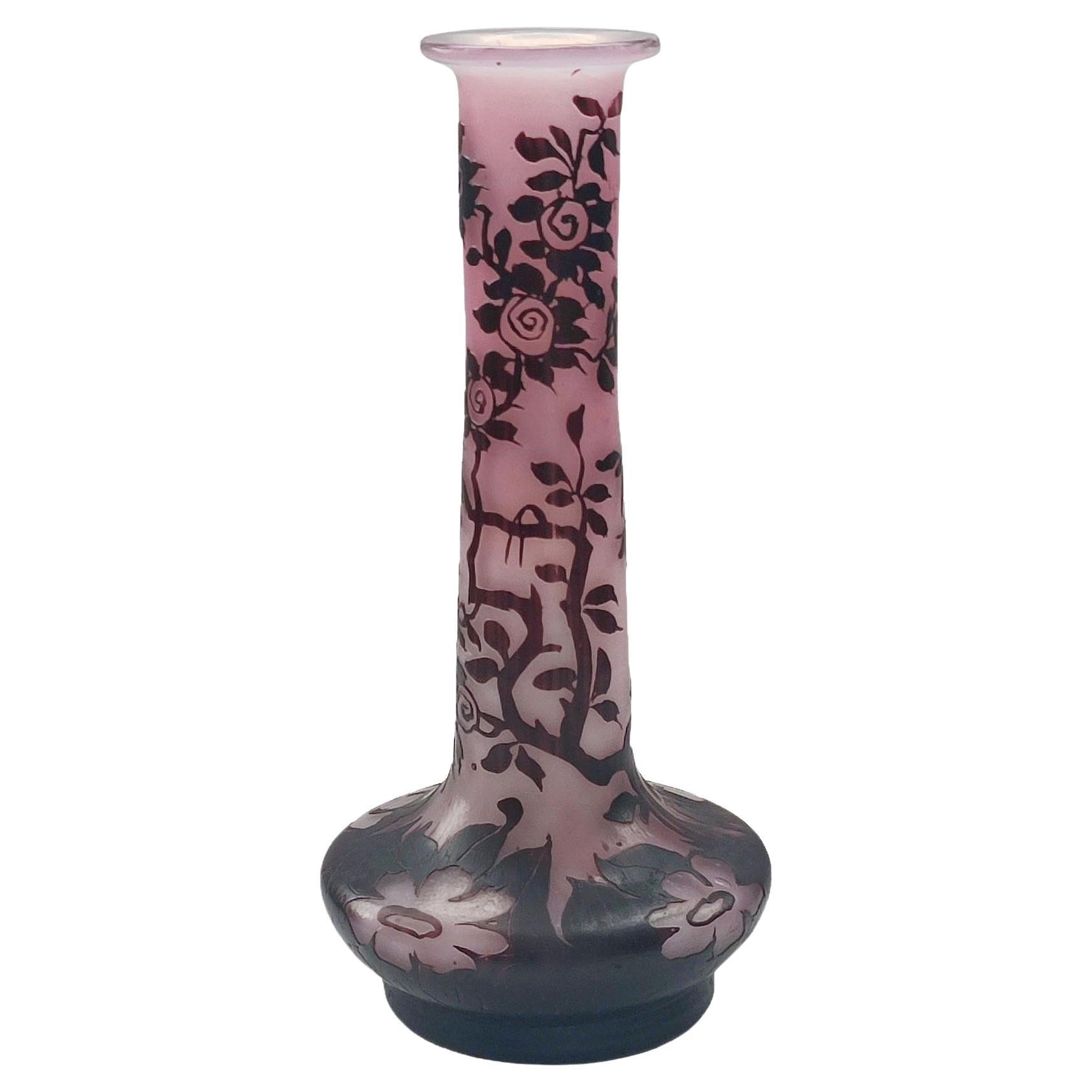 Very Rare De Vez Art Nouveau Cameo Glass Vase with Etched Floral Decor