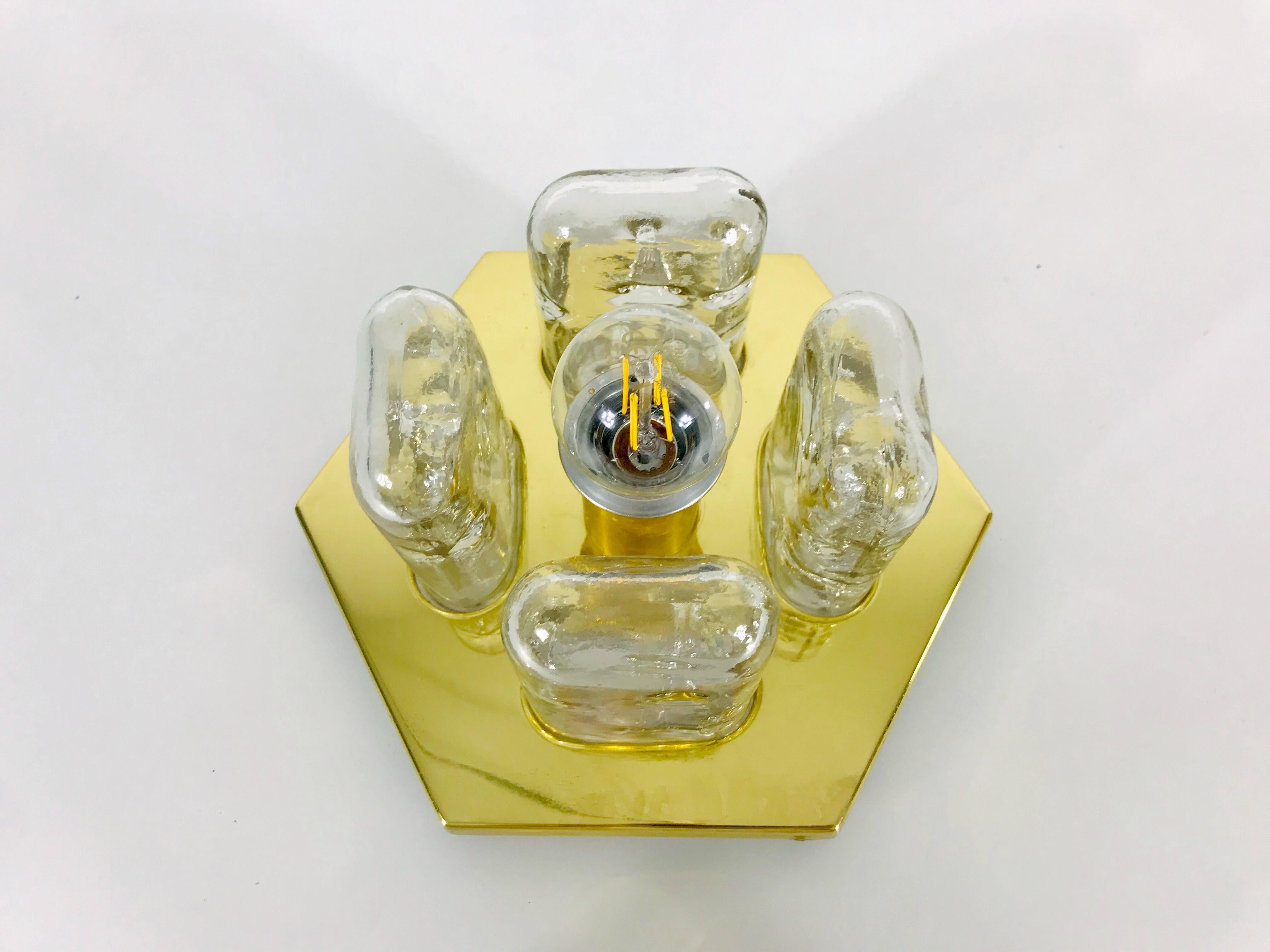 German Very Rare Doria Midcentury Brass and Ice Glass Flush Mount, 1960s