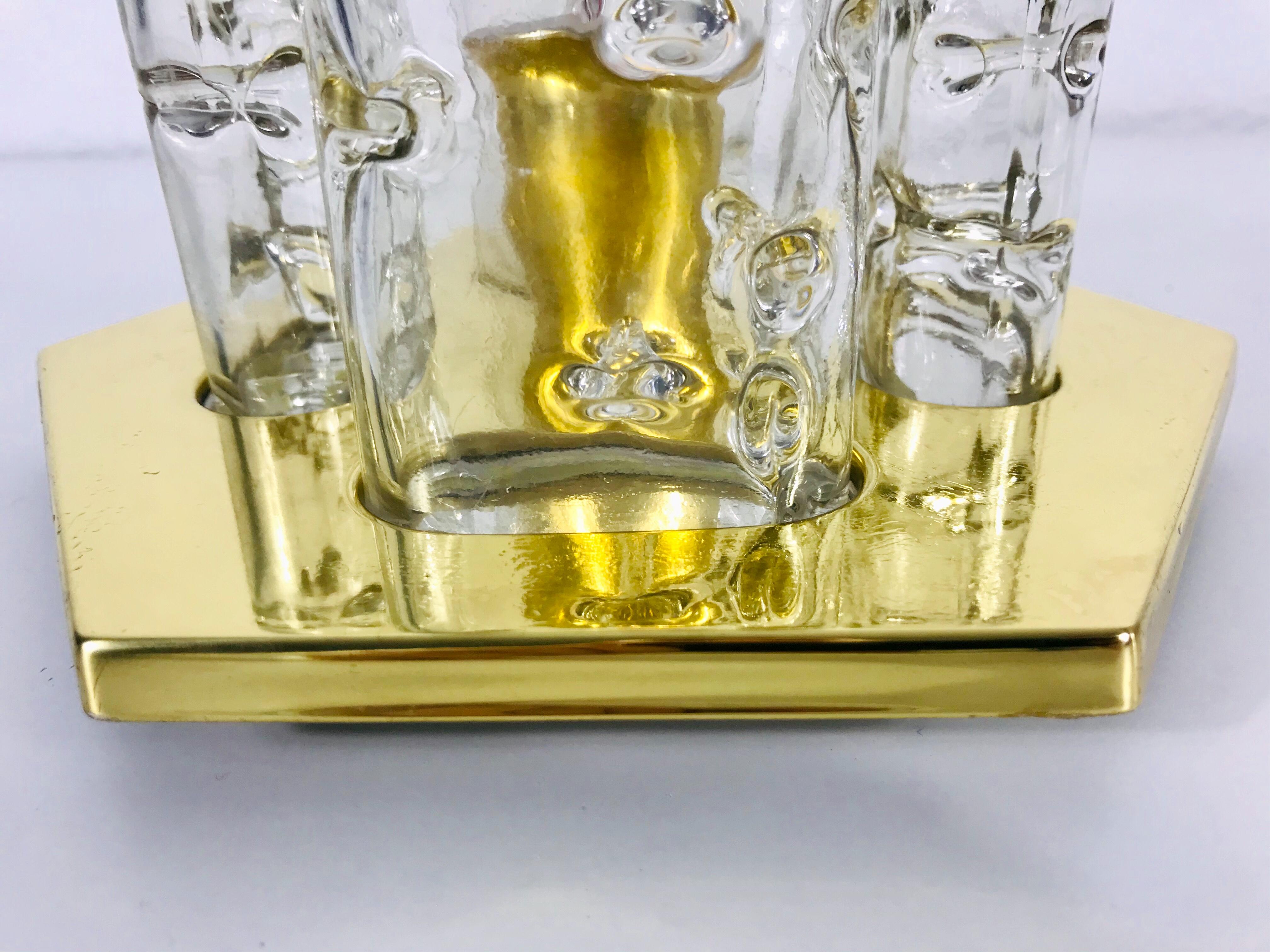 Very Rare Doria Midcentury Brass and Ice Glass Flush Mount, 1960s 1