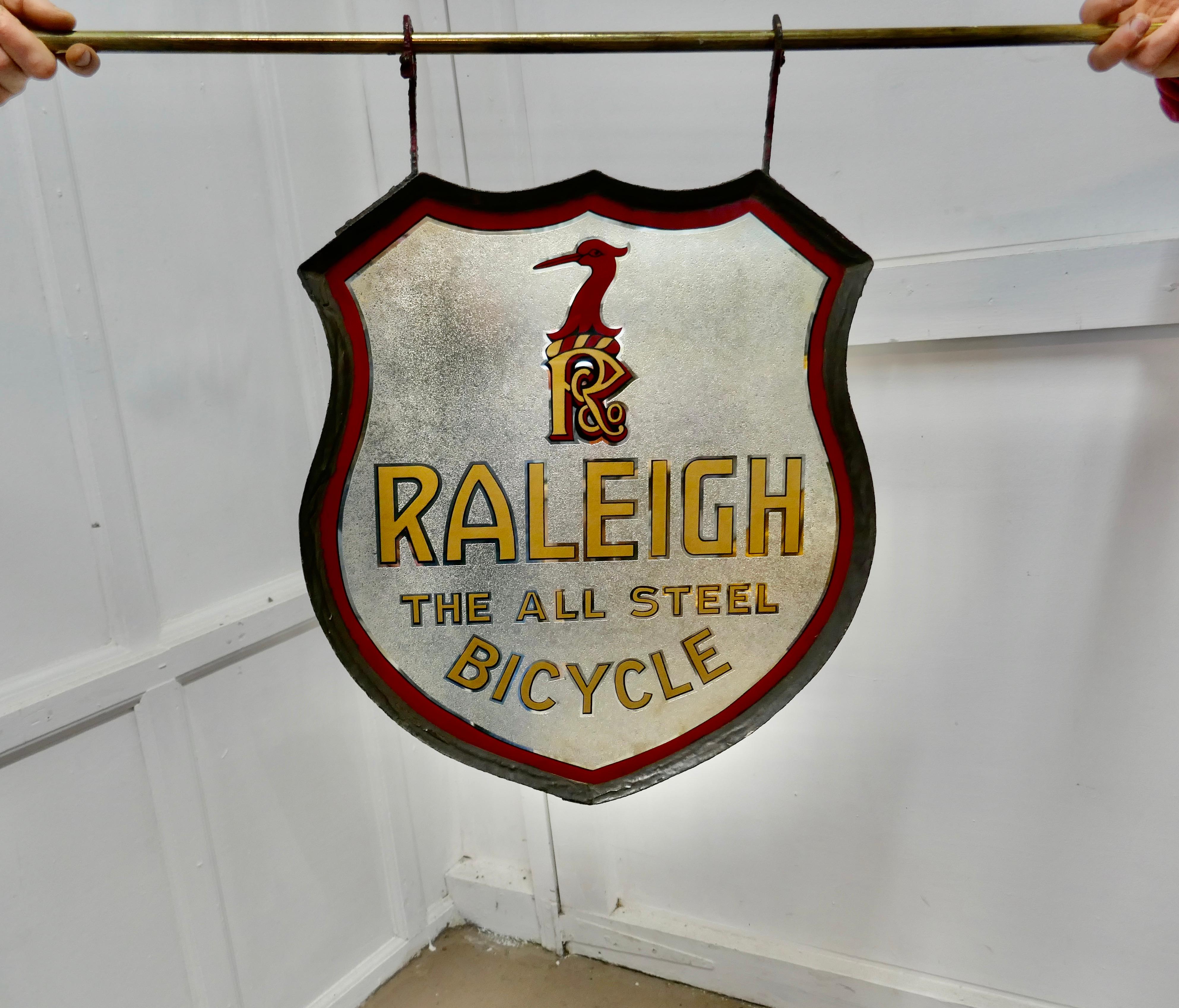 Sporting Art Very Rare Double Sided Glass Raleigh Bike Advertising Shop Sign For Sale