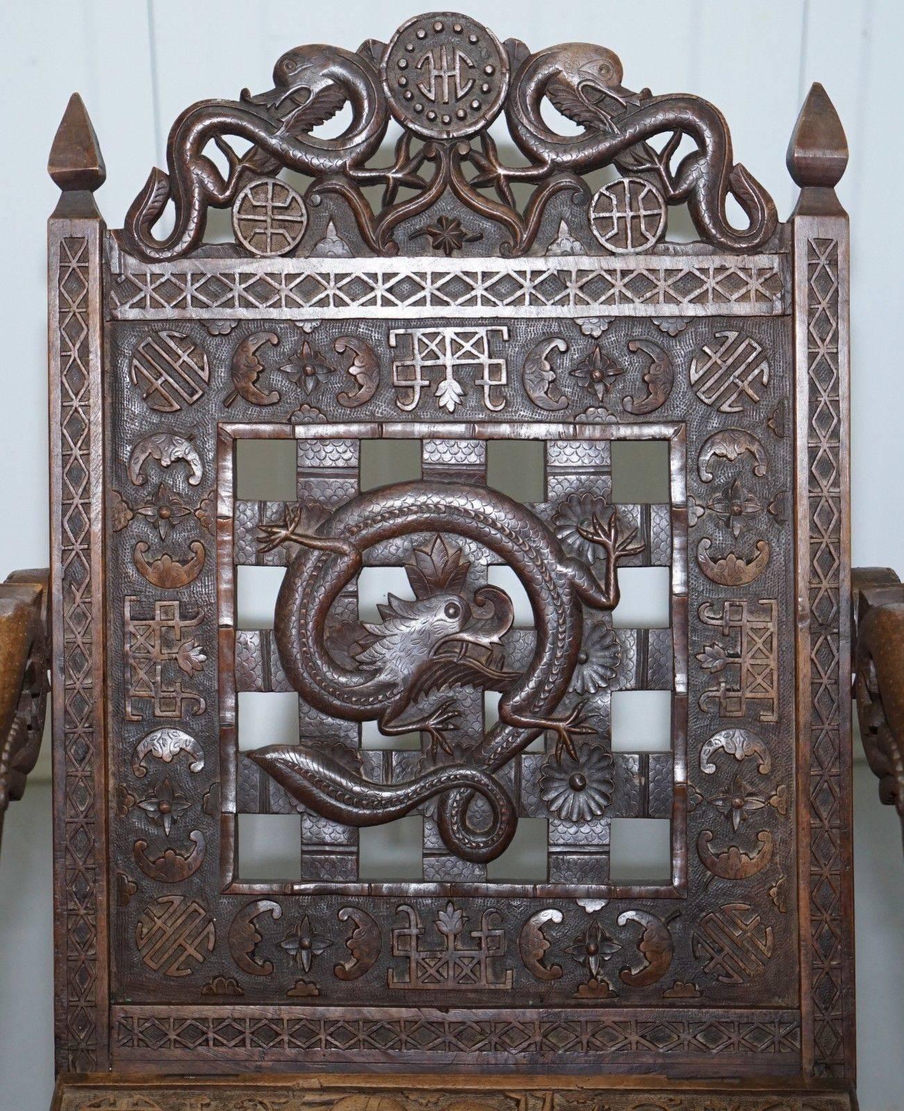 Chinese Export Very Rare Early 19th Century Chinese Hand-Carved Wood Armchair Dragons and Bats