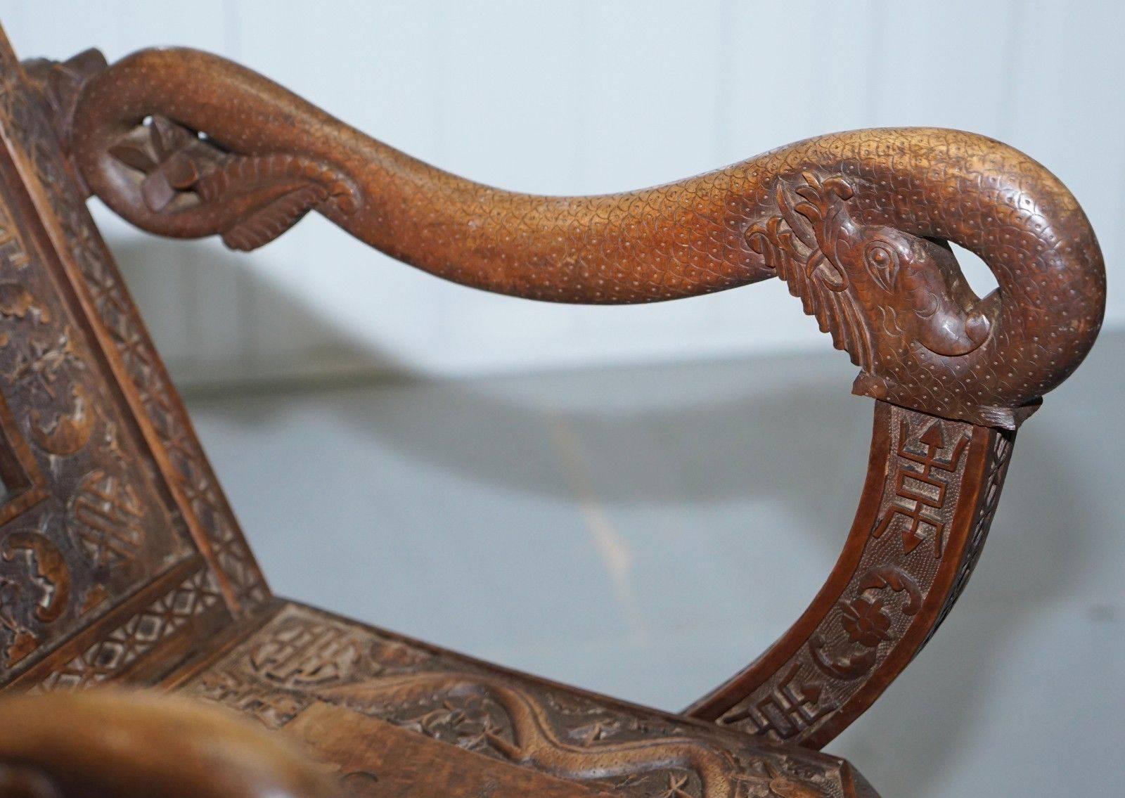 Very Rare Early 19th Century Chinese Hand-Carved Wood Armchair Dragons and Bats 1