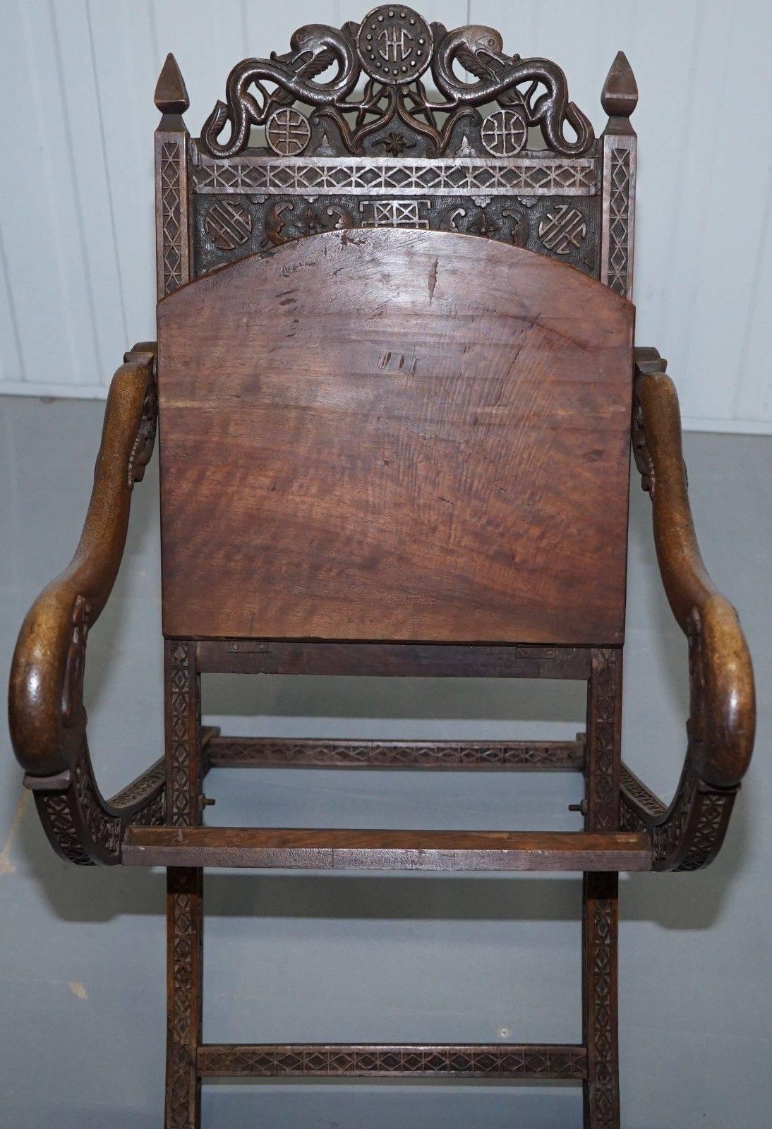 Very Rare Early 19th Century Chinese Hand-Carved Wood Armchair Dragons and Bats 2