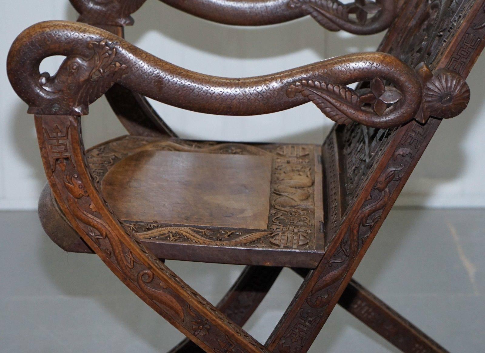 Very Rare Early 19th Century Chinese Hand-Carved Wood Armchair Dragons and Bats 4