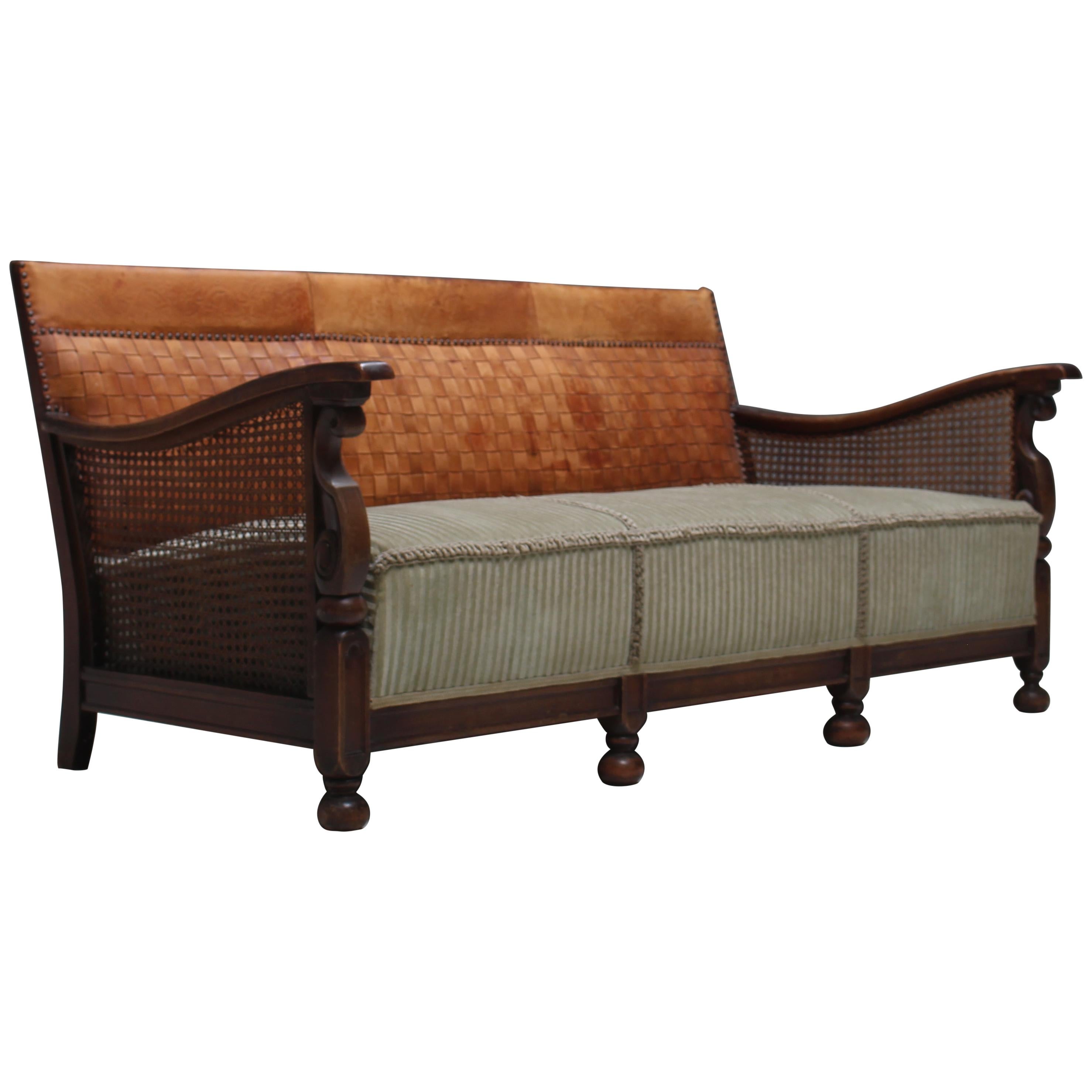 Very Rare Early Theo Ruth Leather Woven Sofa for Artifort, 1940s