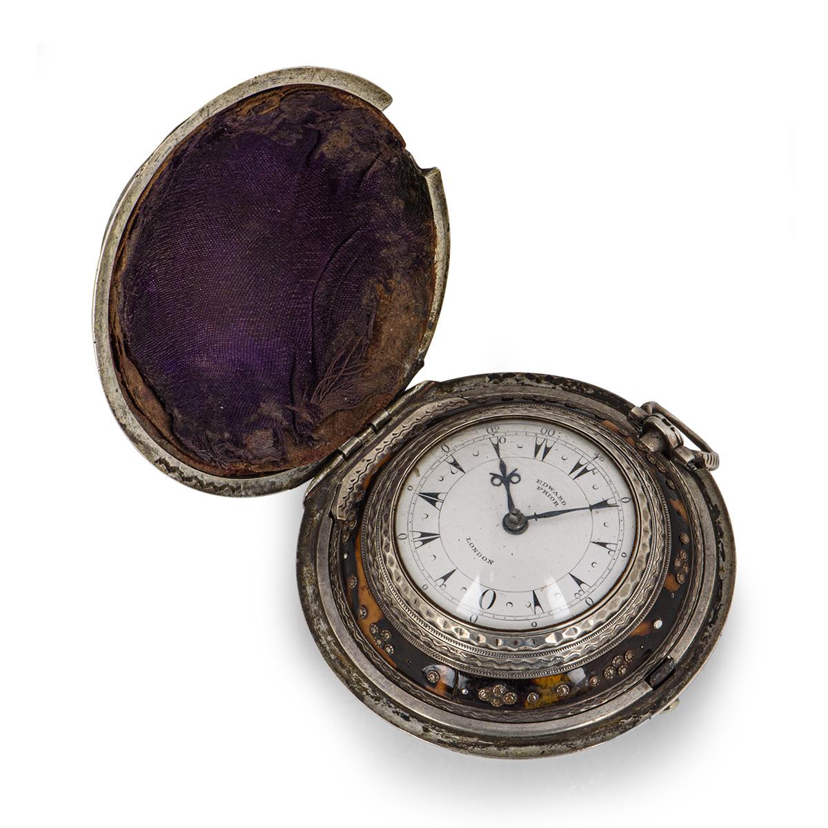 A 43 mm very rare antique open face silver pocket watch by Edward Prior. Designed for the Turkish Market, the white enamel dial features Turkish numerals and blued steel hands. Fitted with mineral glass and a manual key wound movement. The piece