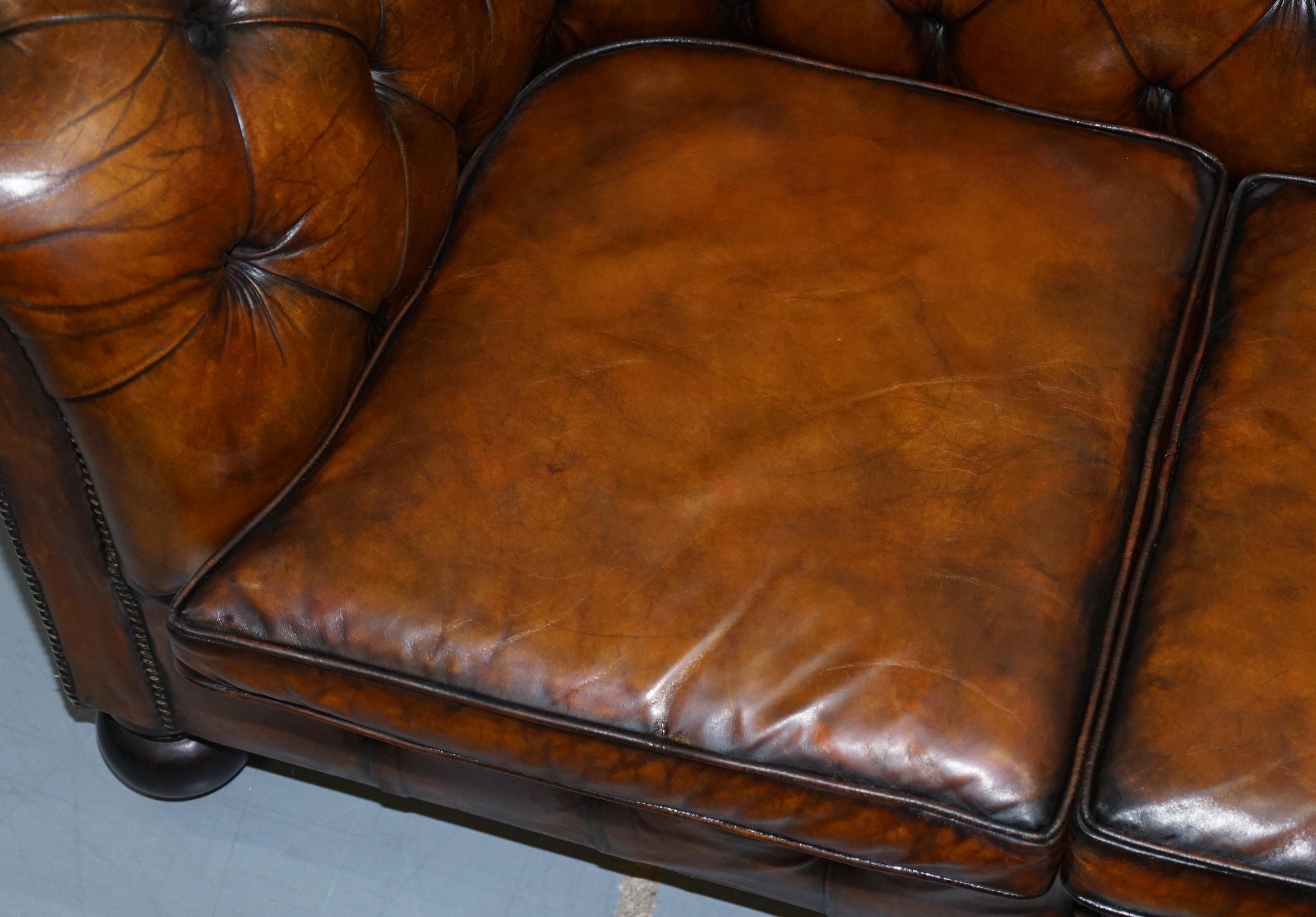 Very Rare Edwardian Fully Restored Hand Dyed Brown Leather Chesterfield Sofa 5