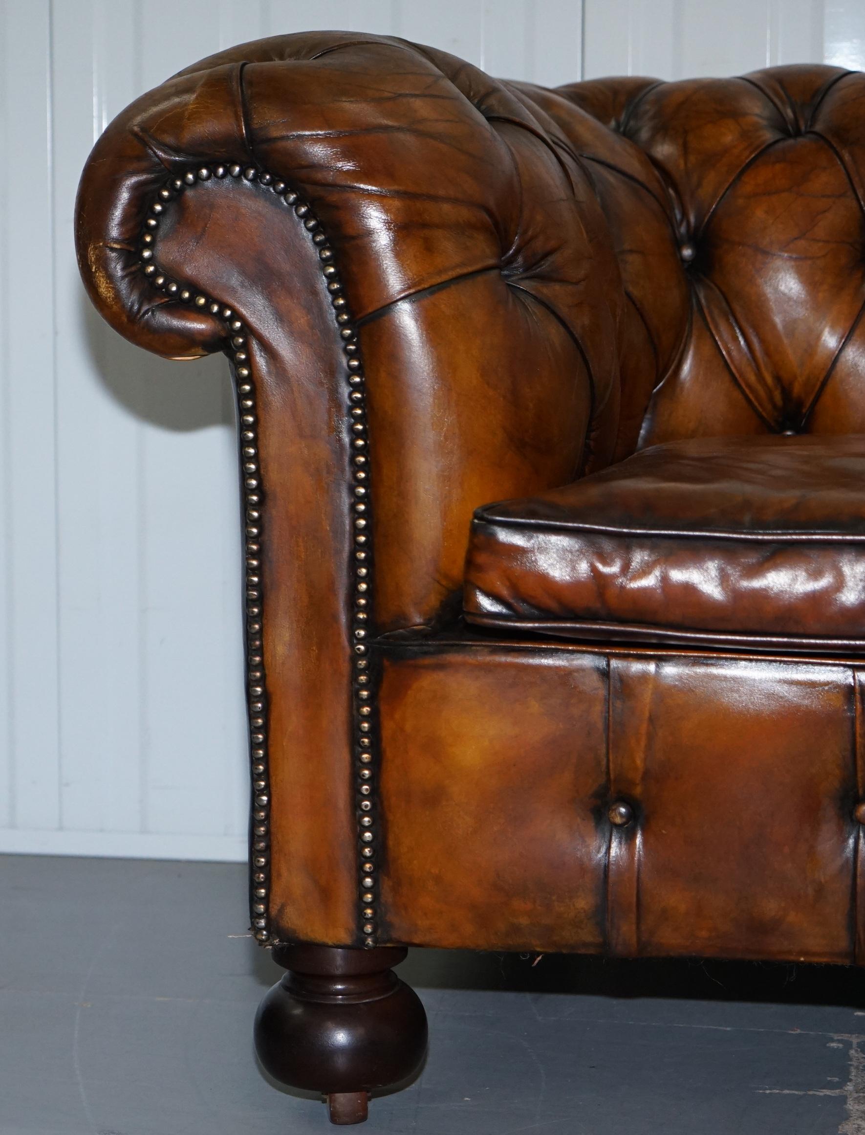 Very Rare Edwardian Fully Restored Hand Dyed Brown Leather Chesterfield Sofa 6