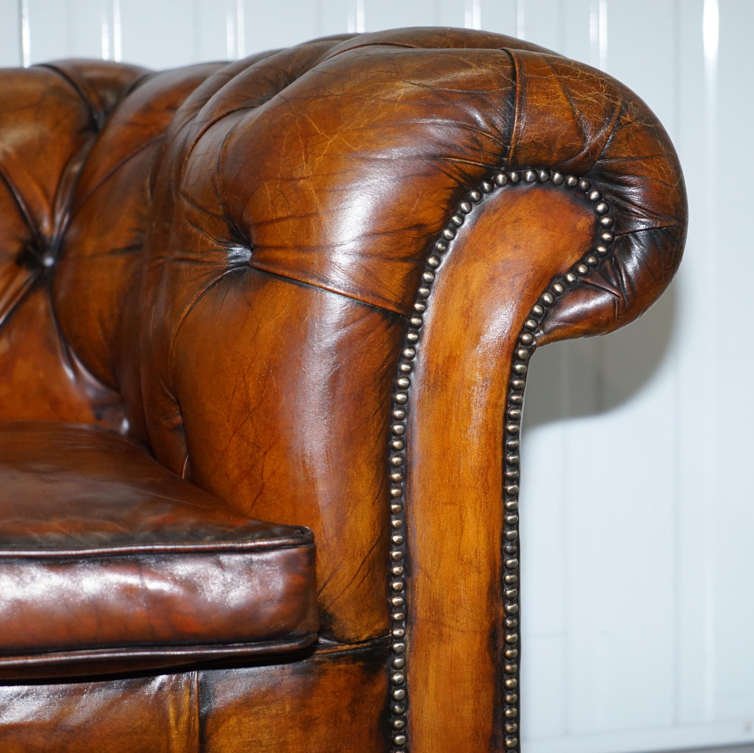 Very Rare Edwardian Fully Restored Hand Dyed Brown Leather Chesterfield Sofa 7