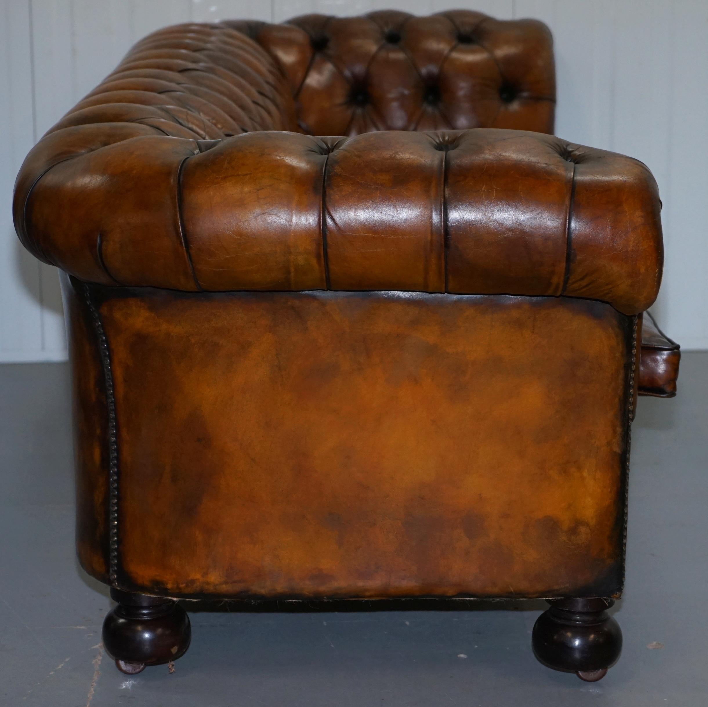 Very Rare Edwardian Fully Restored Hand Dyed Brown Leather Chesterfield Sofa 8