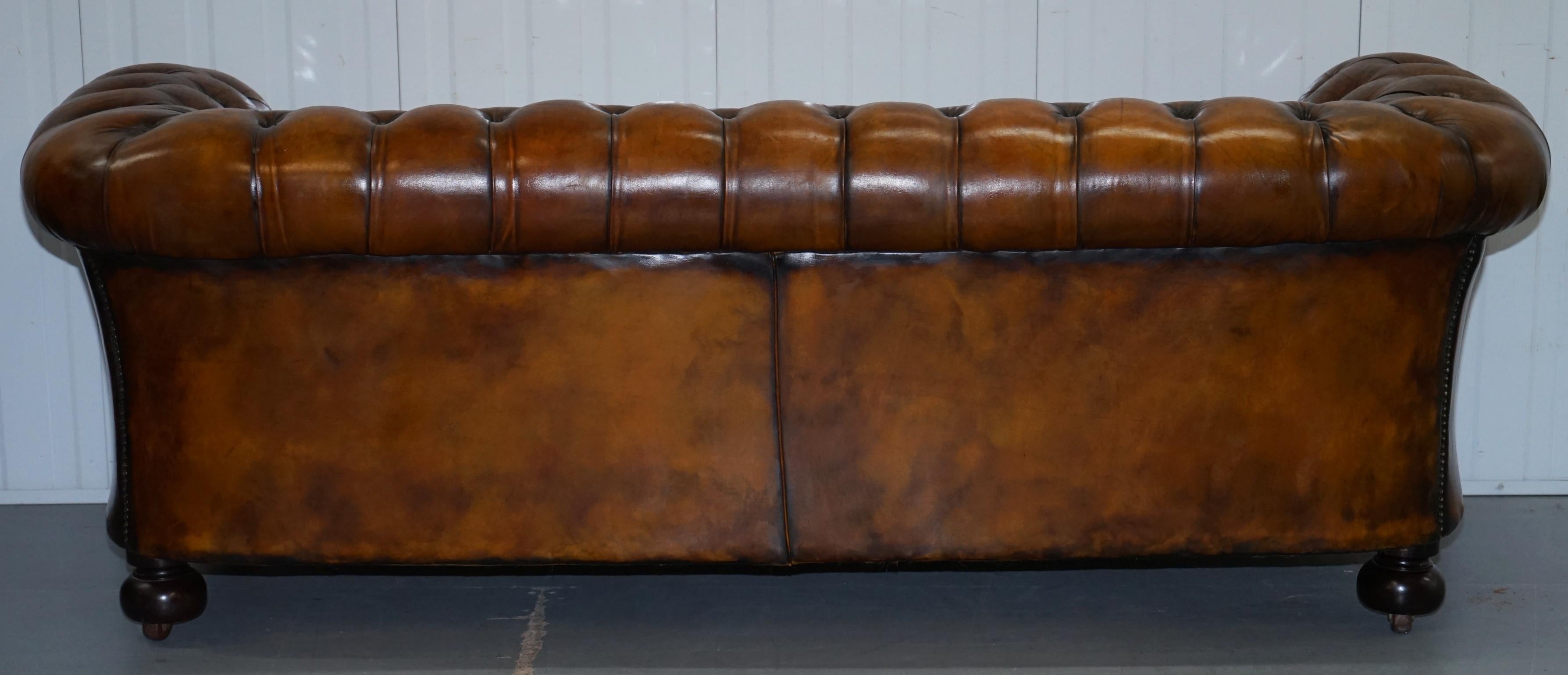 Very Rare Edwardian Fully Restored Hand Dyed Brown Leather Chesterfield Sofa 10