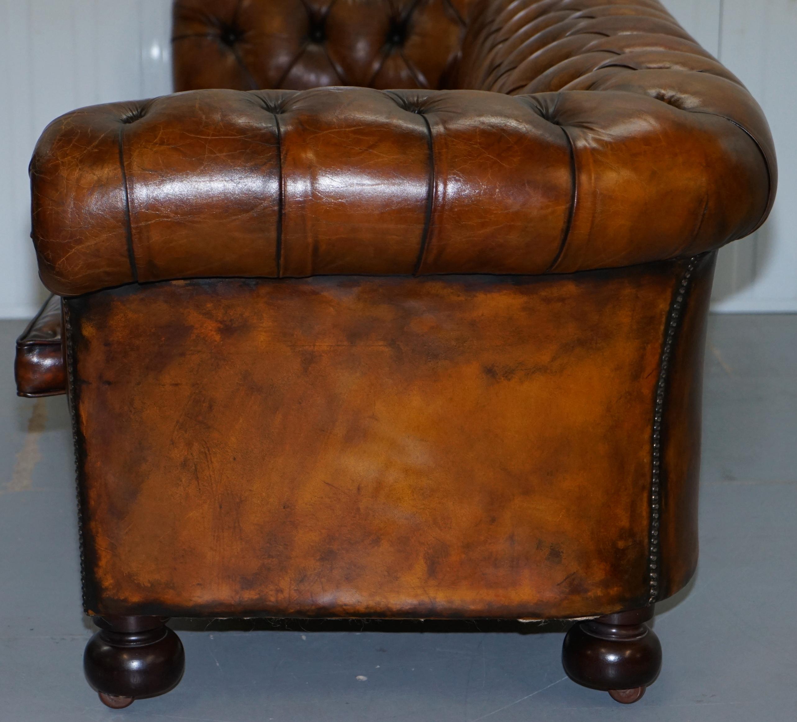 Very Rare Edwardian Fully Restored Hand Dyed Brown Leather Chesterfield Sofa 11