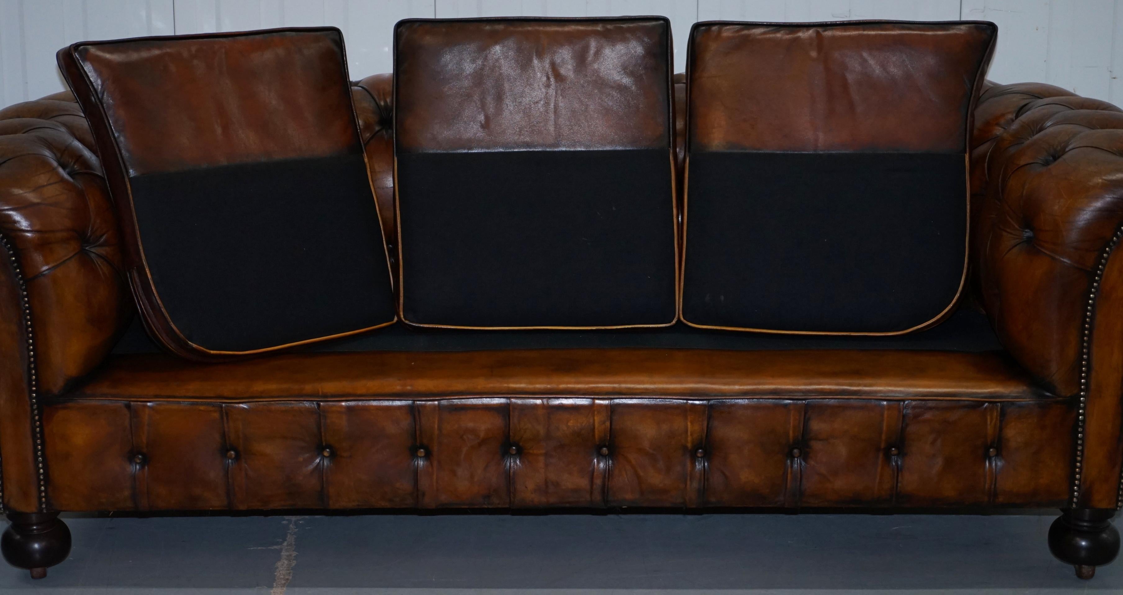 Very Rare Edwardian Fully Restored Hand Dyed Brown Leather Chesterfield Sofa 12