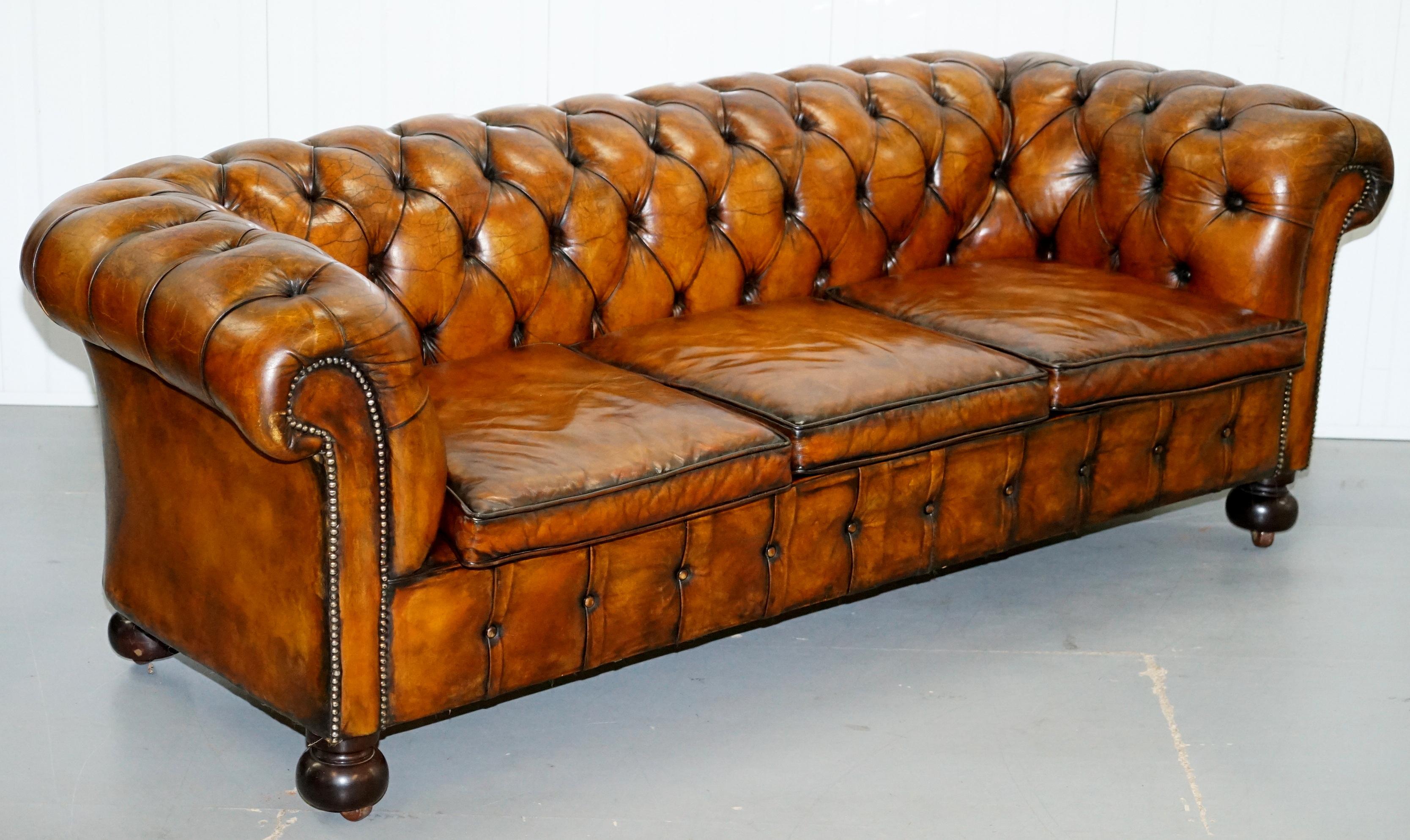 We are delighted to offer for sale this stunning exceptionally rare original early Edwardian tobacco brown leather fully restored Chesterfield buttoned sofa

This is the model that everyone wants, it is the 100% perfect and correct oversized club