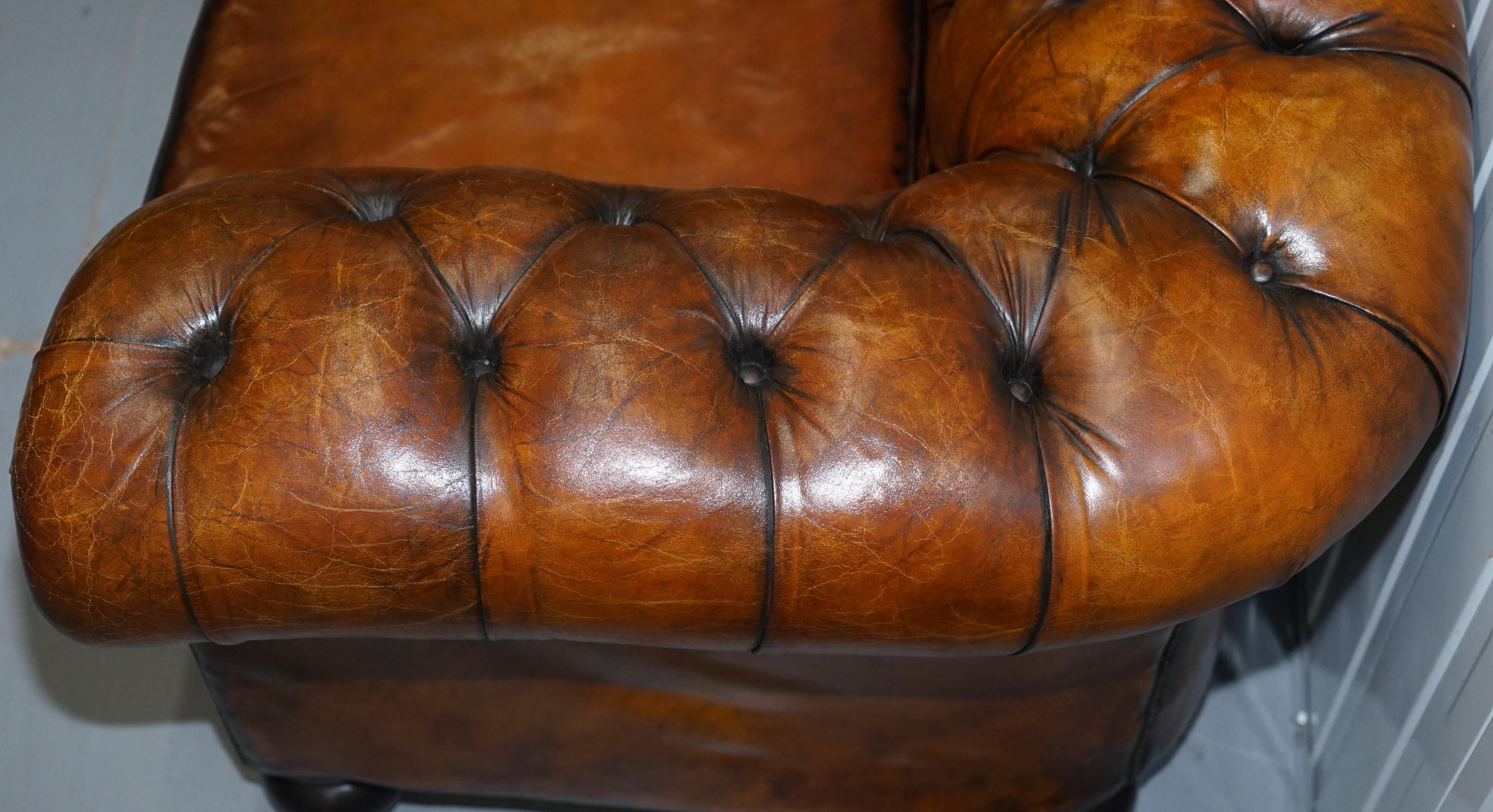 Very Rare Edwardian Fully Restored Hand Dyed Brown Leather Chesterfield Sofa 3