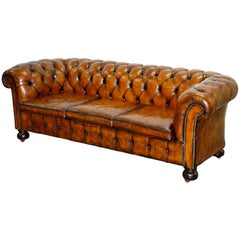 Antique Very Rare Edwardian Fully Restored Hand Dyed Brown Leather Chesterfield Sofa