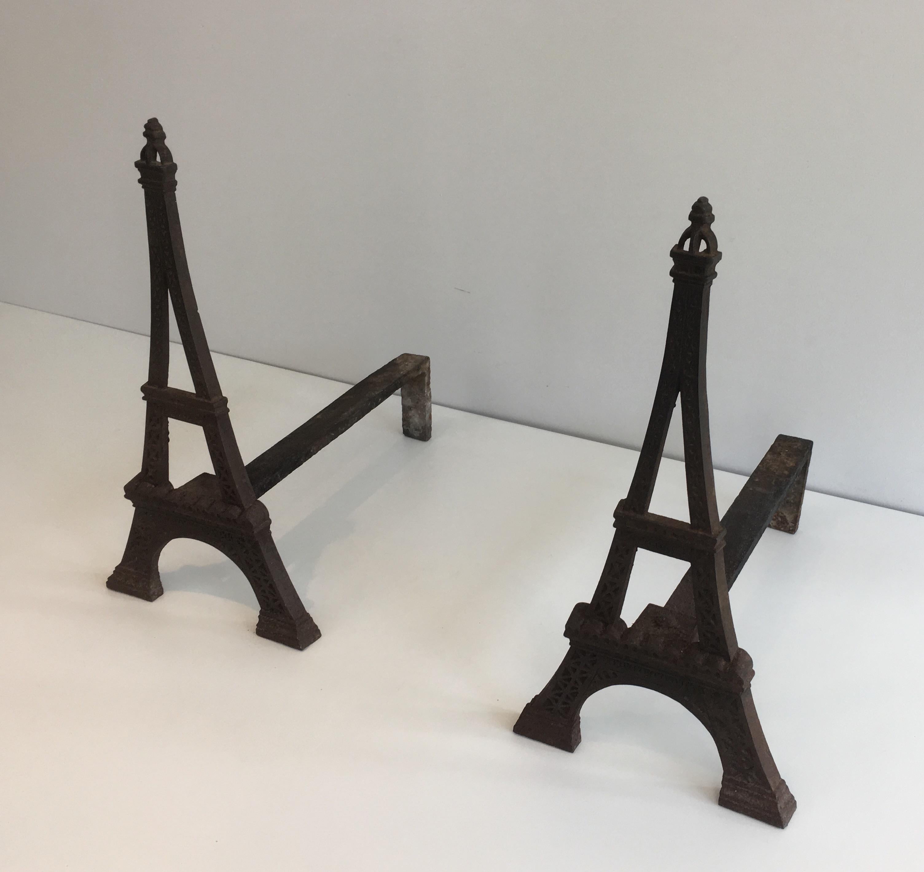 Very Rare Eiffel Tower Cast Iron Andirons, French, circa 1900 For Sale 11