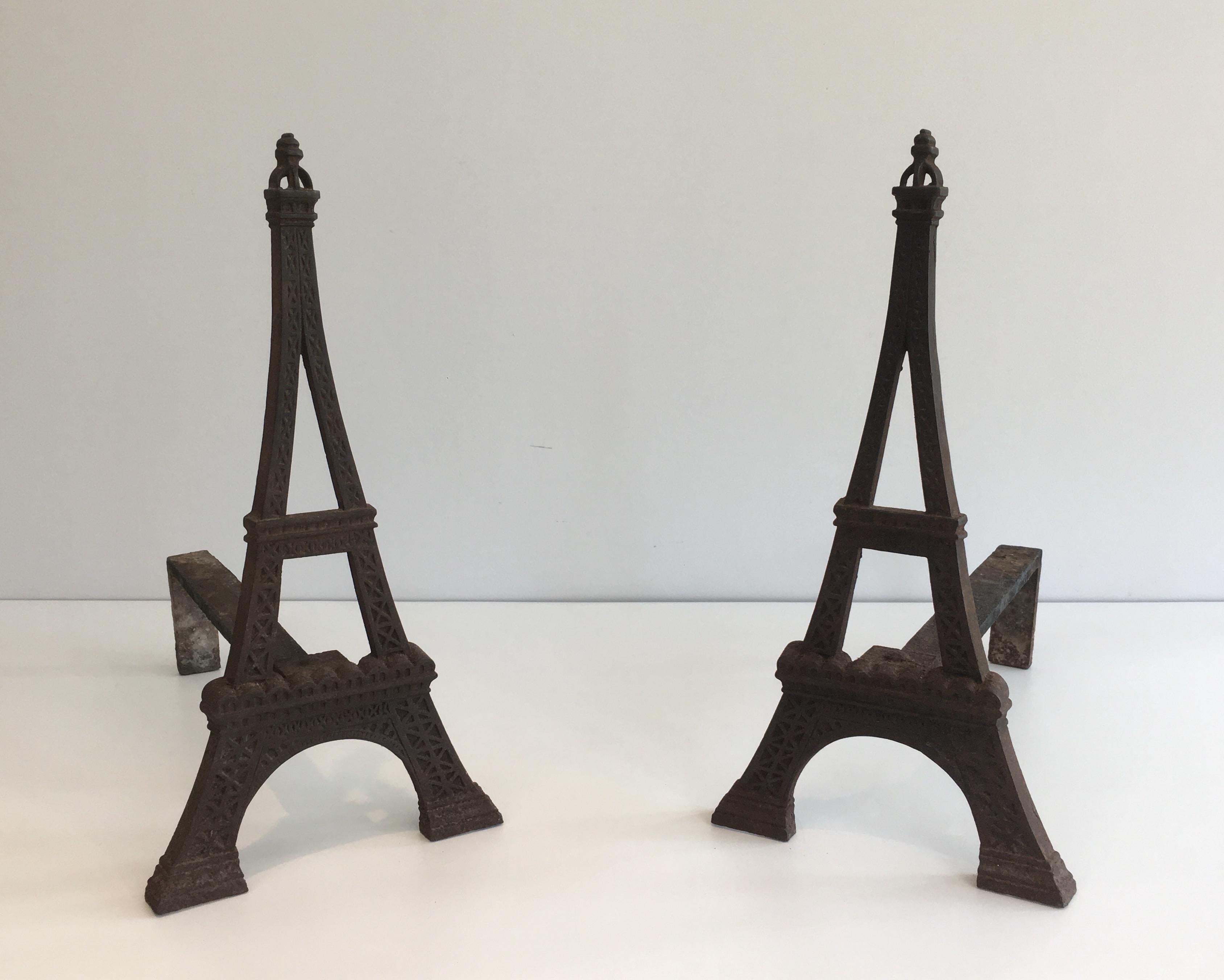 This very rare Eiffel Tower andirons are made of cast iron and wrought iron. This is a French. Work, circa 1900.