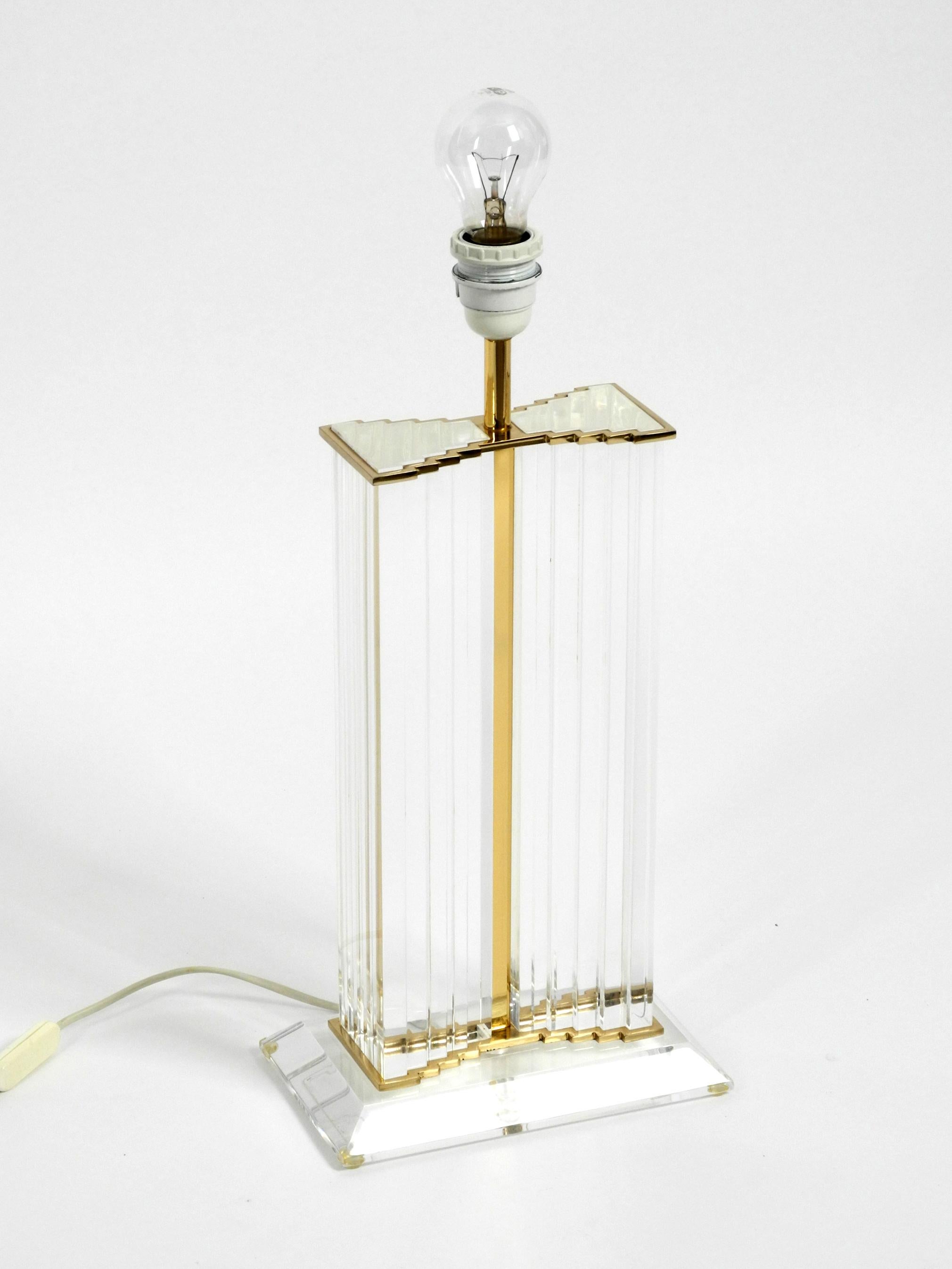 Brass Very Rare Elegant Large Plexiglass Table Lamp from the 1970s with Silk Shade For Sale