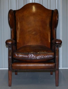 Very Rare Elegant One off Custom Made Cigar Brown Leather Wing Back Armchair
