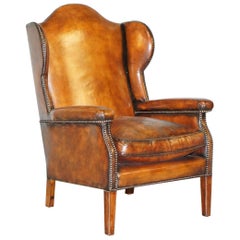 Very Rare Elegant One off Custom Made Cigar Brown Leather Wing Back Armchair
