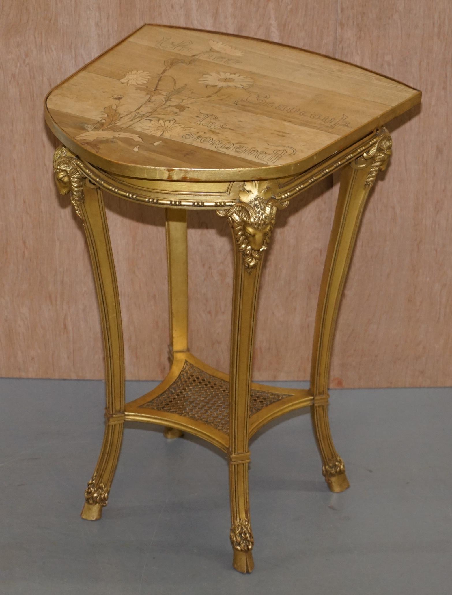 Neoclassical Very Rare Emile Galle Romantic Specimen Wood Table Un Peu Beaucoup Passionnement For Sale