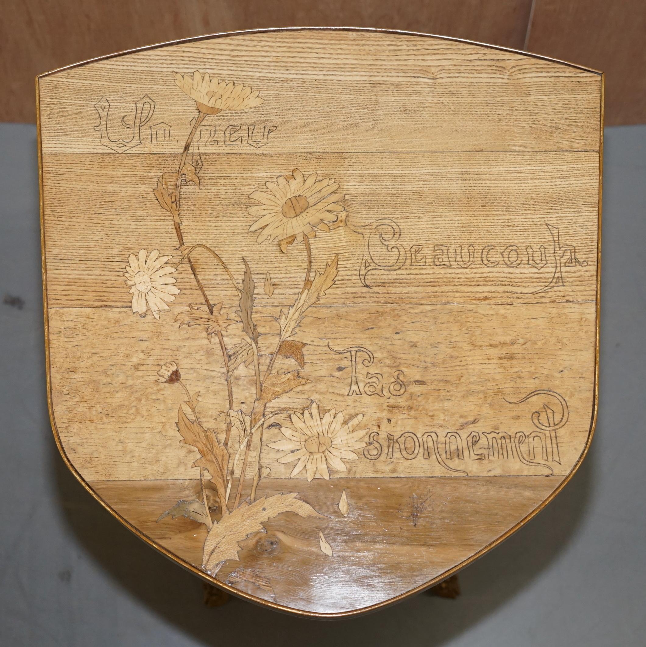 French Very Rare Emile Galle Romantic Specimen Wood Table Un Peu Beaucoup Passionnement For Sale
