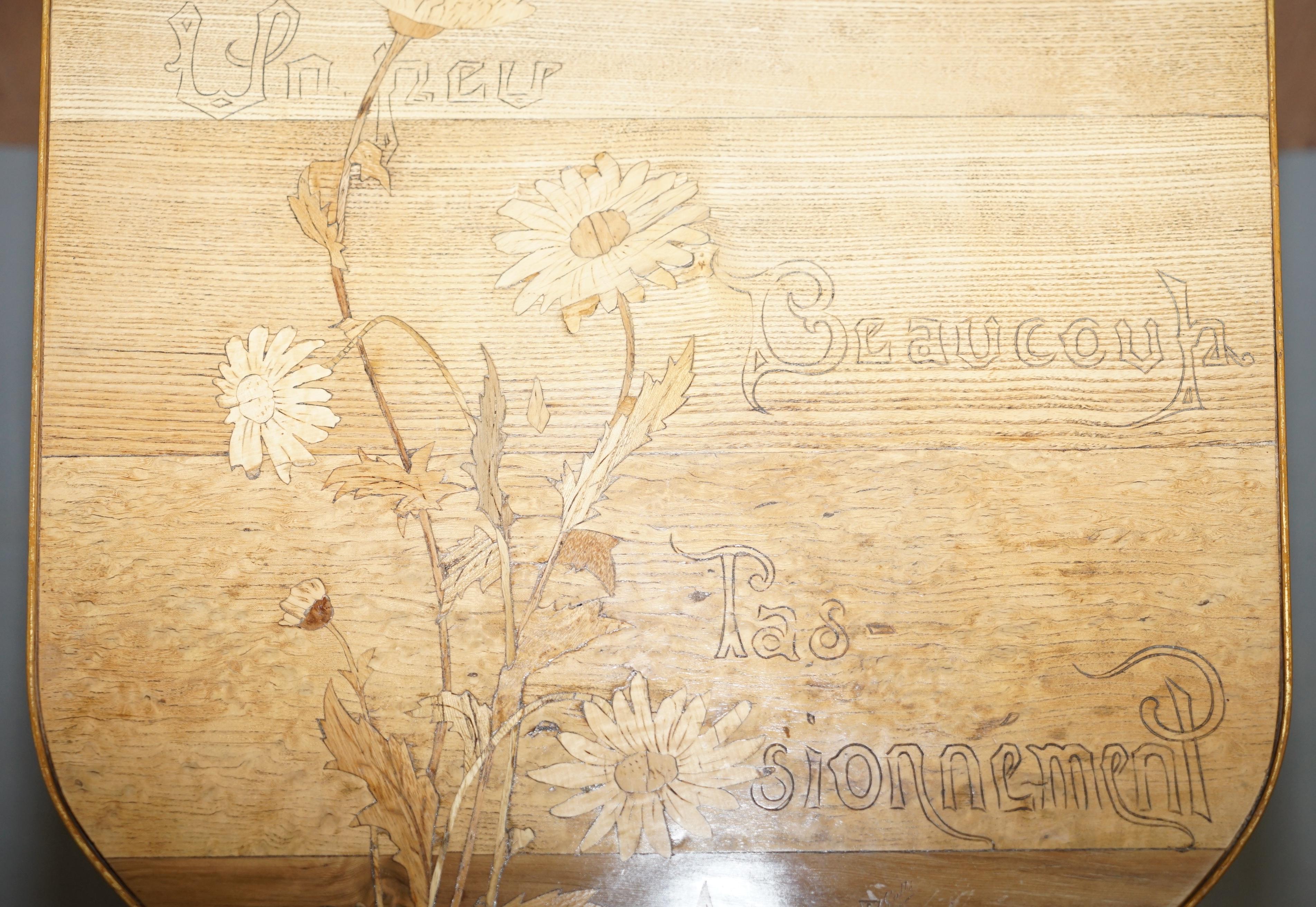 19th Century Very Rare Emile Galle Romantic Specimen Wood Table Un Peu Beaucoup Passionnement For Sale