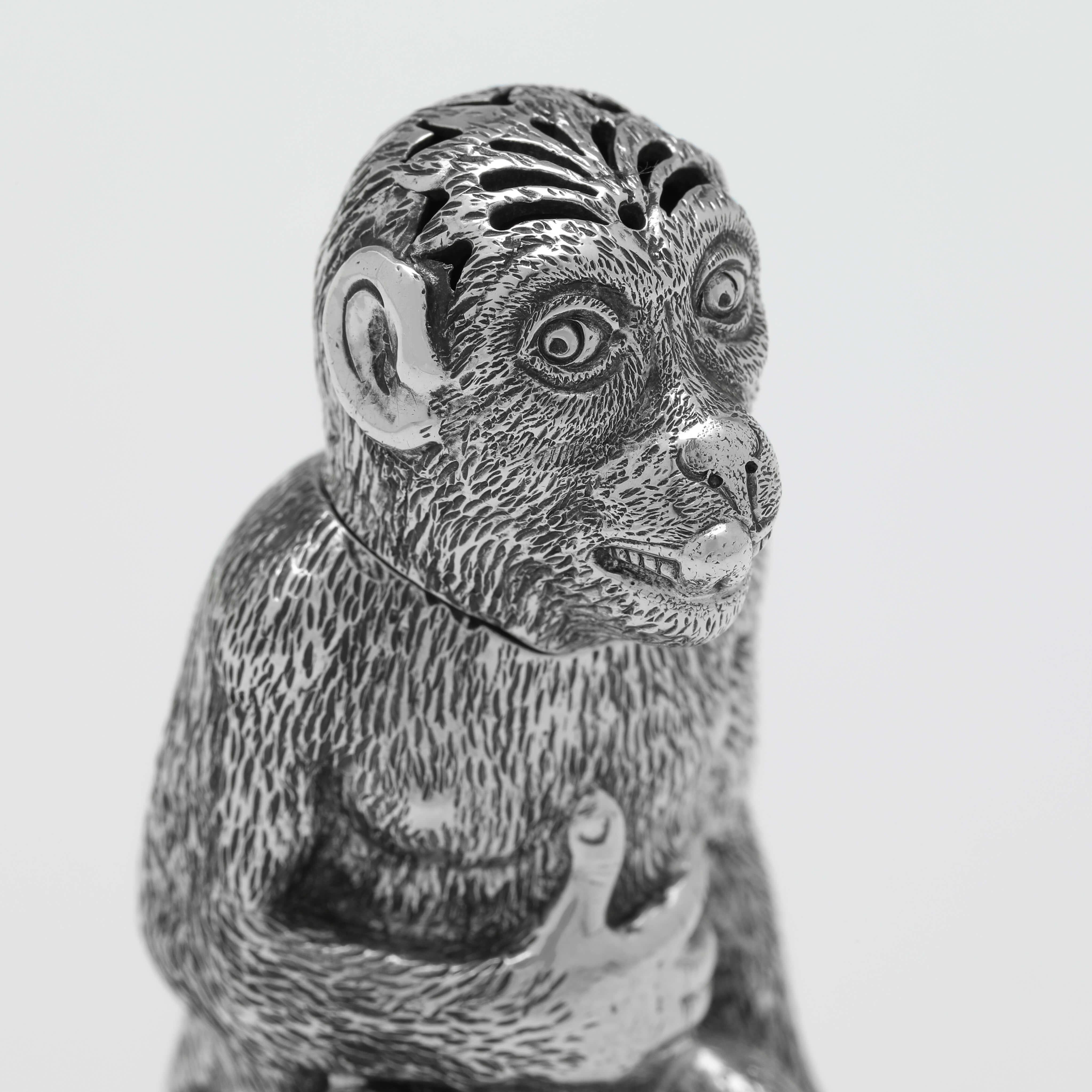 Late 19th Century Very Rare English Antique Sterling Silver Monkey Pepper Pot - London 1881 For Sale