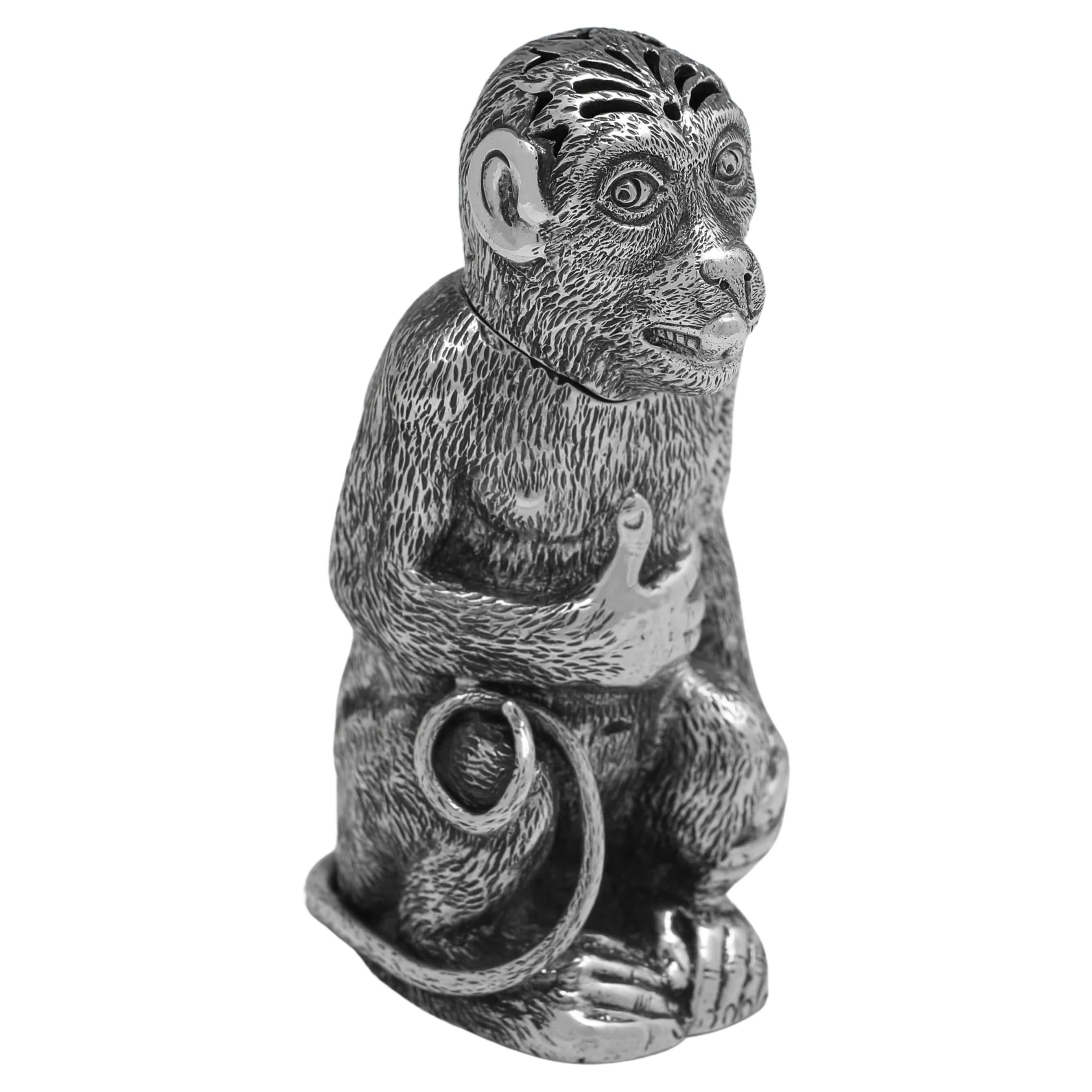 Very Rare English Antique Sterling Silver Monkey Pepper Pot - London 1881 For Sale