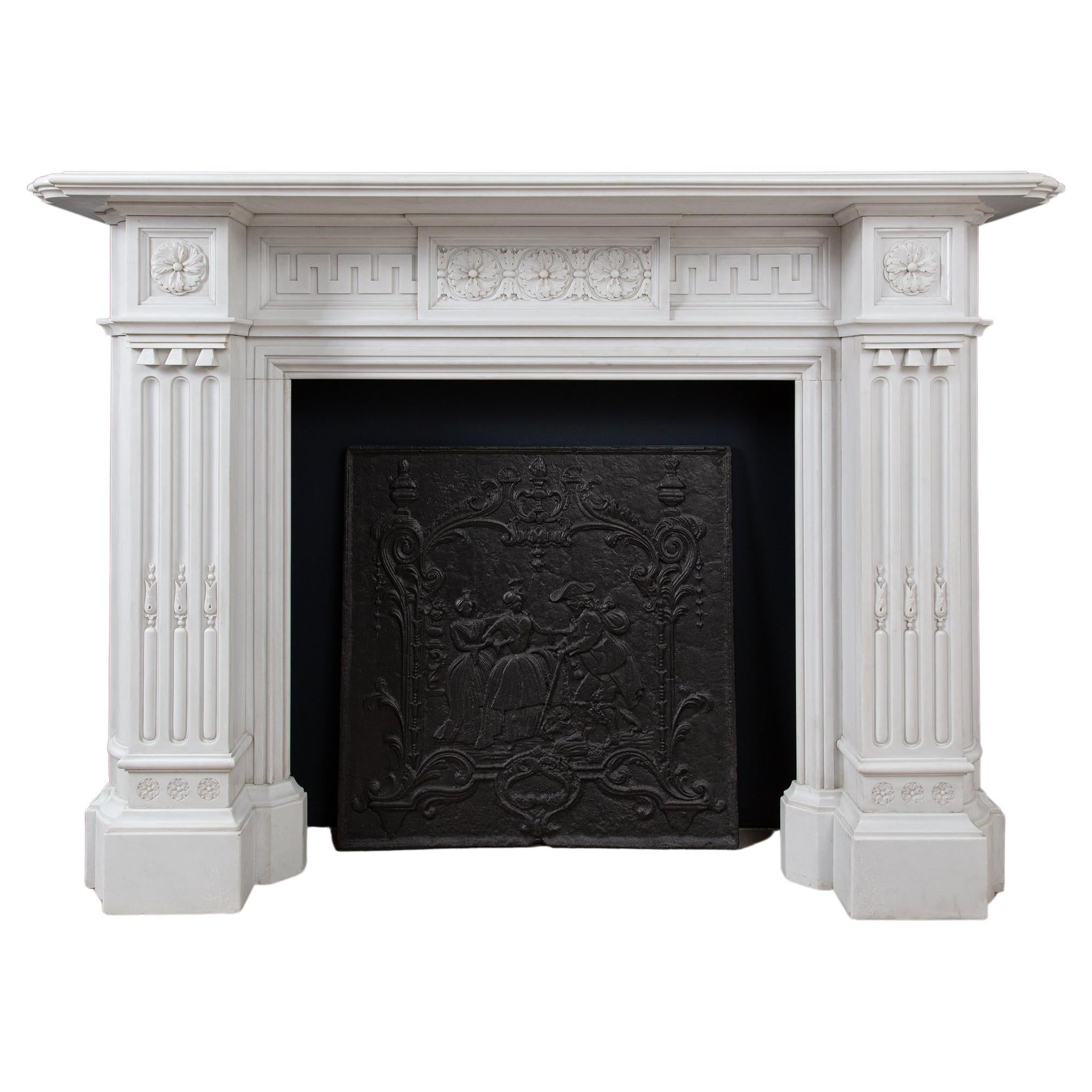 Very Rare Exceptional Statuary Clear White Marble Antique Fireplace Surround