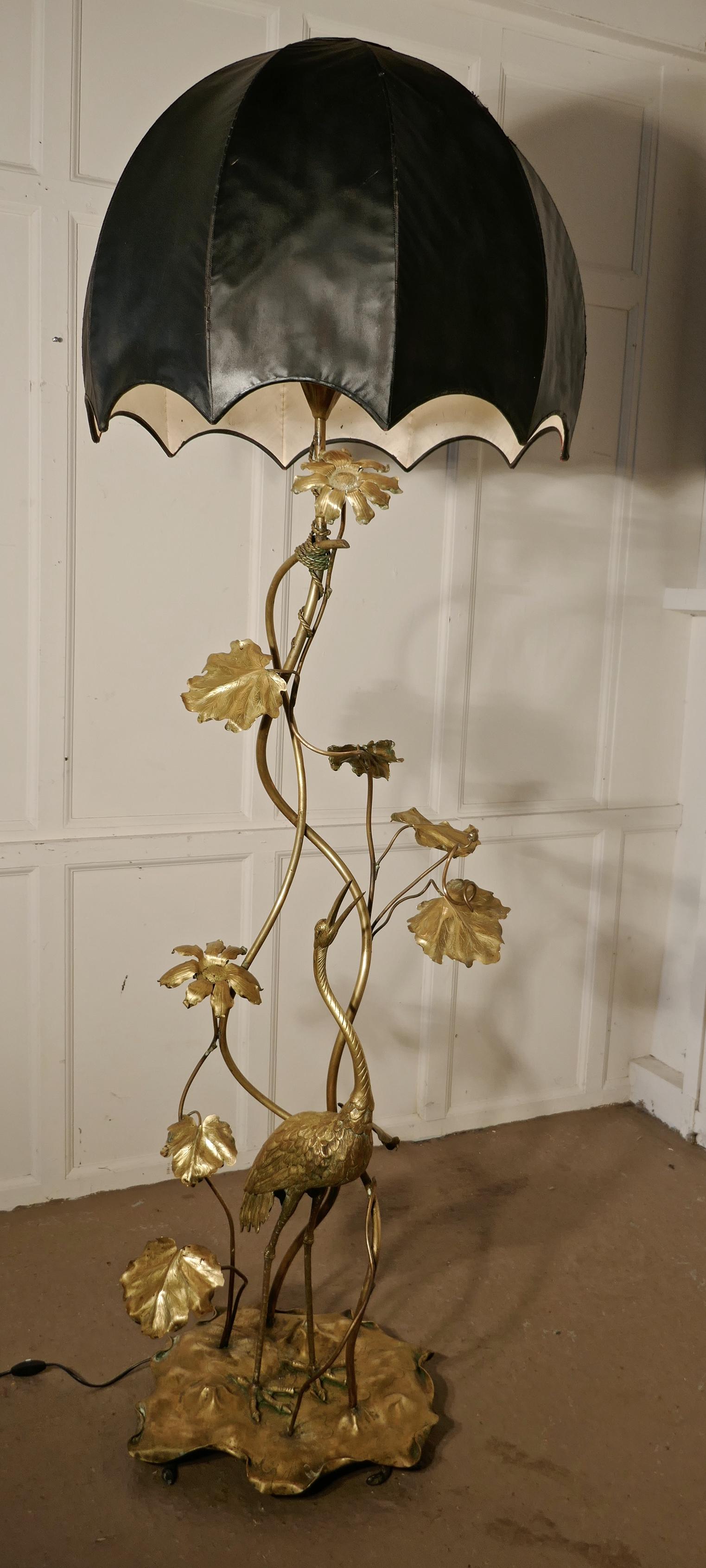 Very Rare French Art Nouveau Brass Floor Lamp with Heron and Water Lilies 3