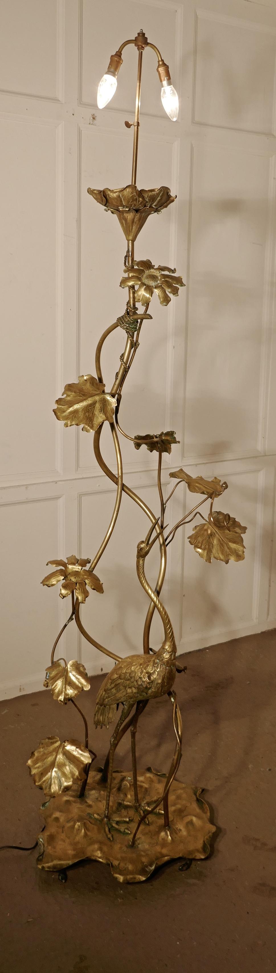 Very Rare French Art Nouveau Brass Floor Lamp with Heron and Water Lilies 4