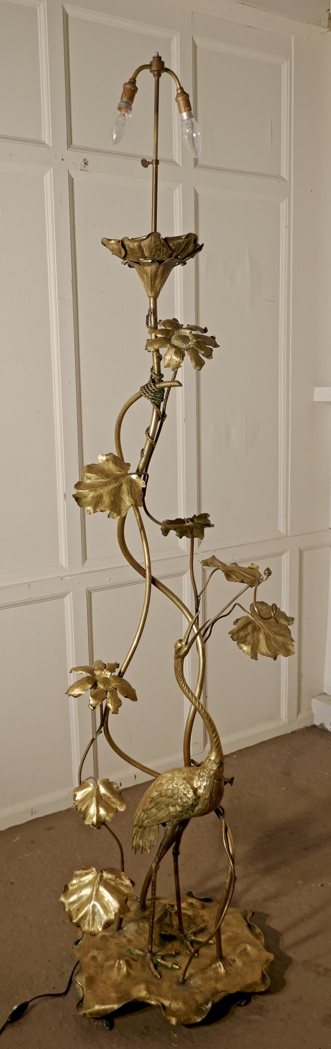 Very Rare French Art Nouveau Brass Floor Lamp with Heron and Water Lilies 5