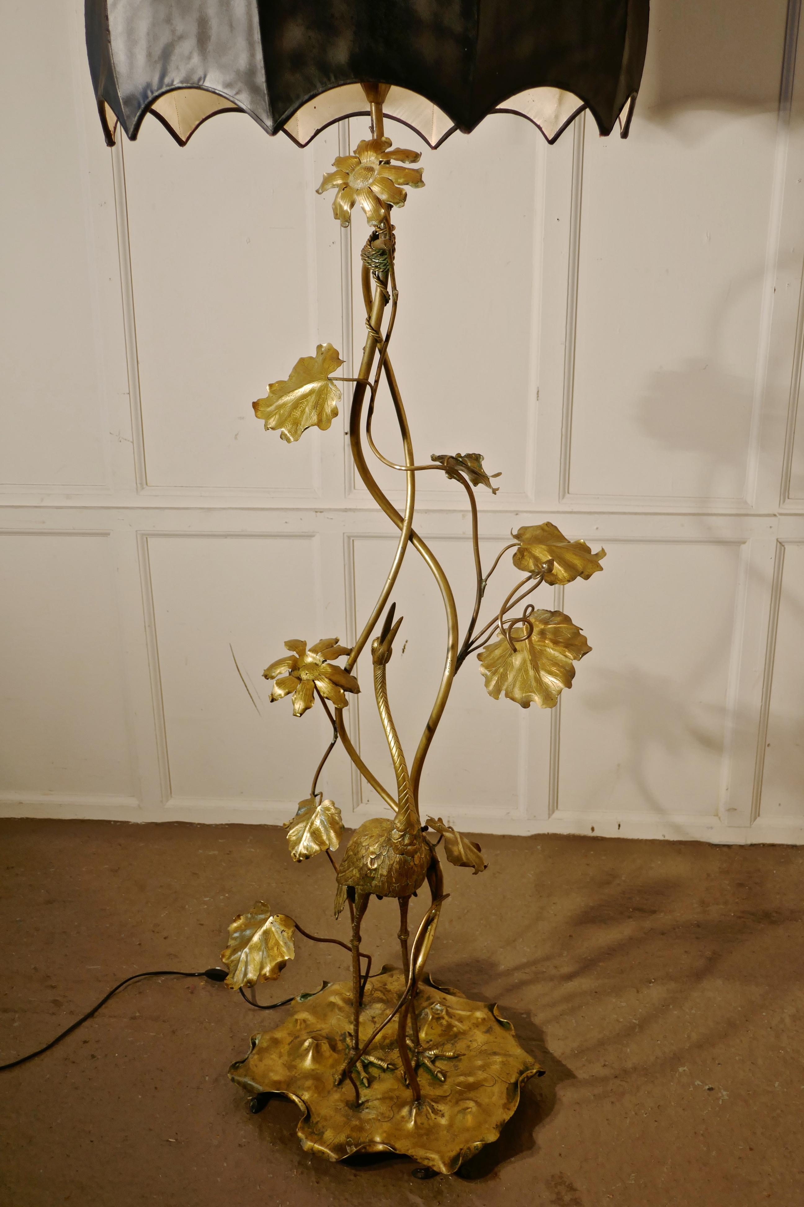 Very Rare French Art Nouveau Brass Floor Lamp with Heron and Water Lilies In Good Condition In Godshill, Isle of Wight