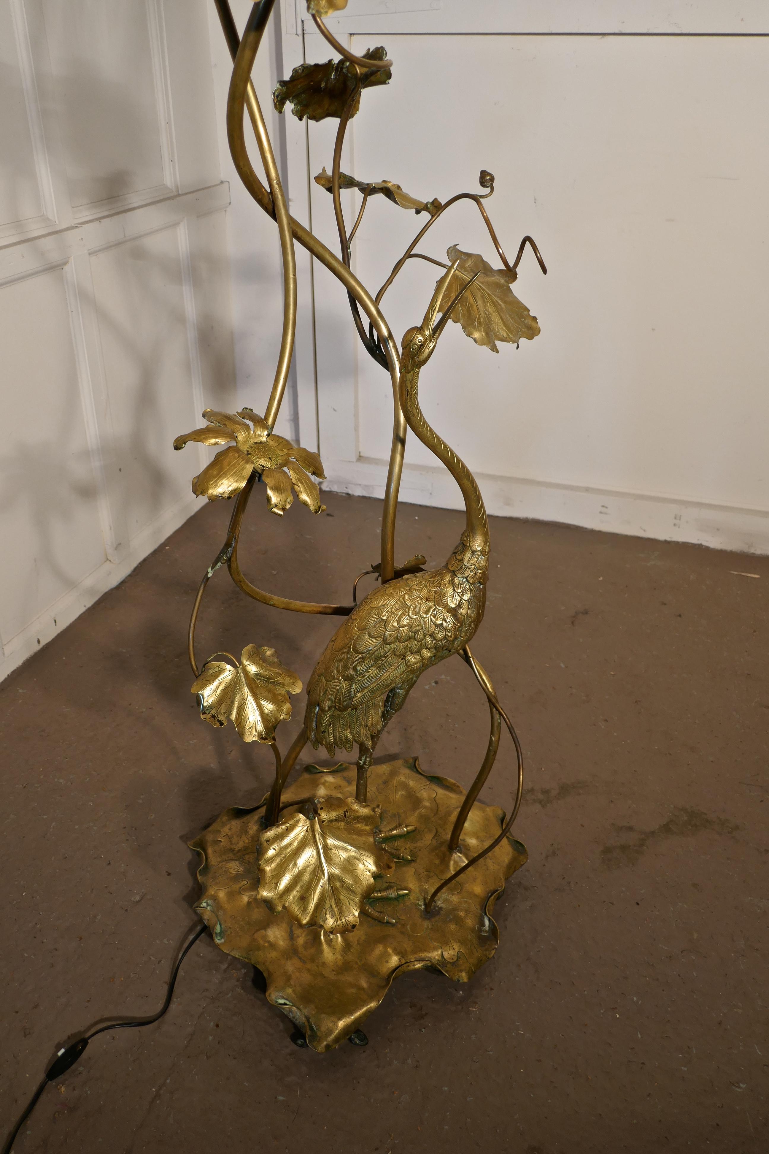 19th Century Very Rare French Art Nouveau Brass Floor Lamp with Heron and Water Lilies