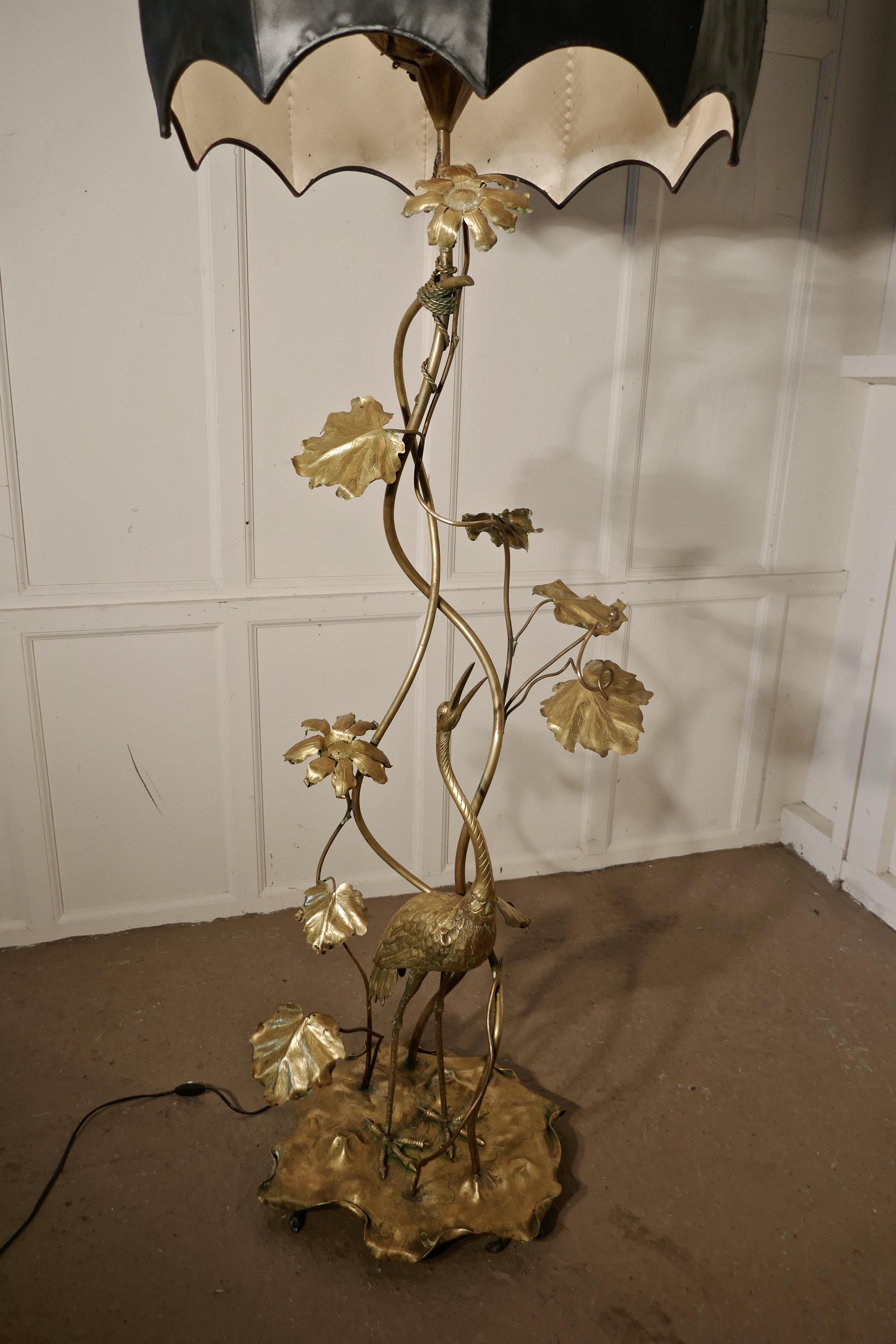 Very Rare French Art Nouveau Brass Floor Lamp with Heron and Water Lilies 2