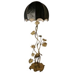 Very Rare French Art Nouveau Brass Floor Lamp with Heron and Water Lilies