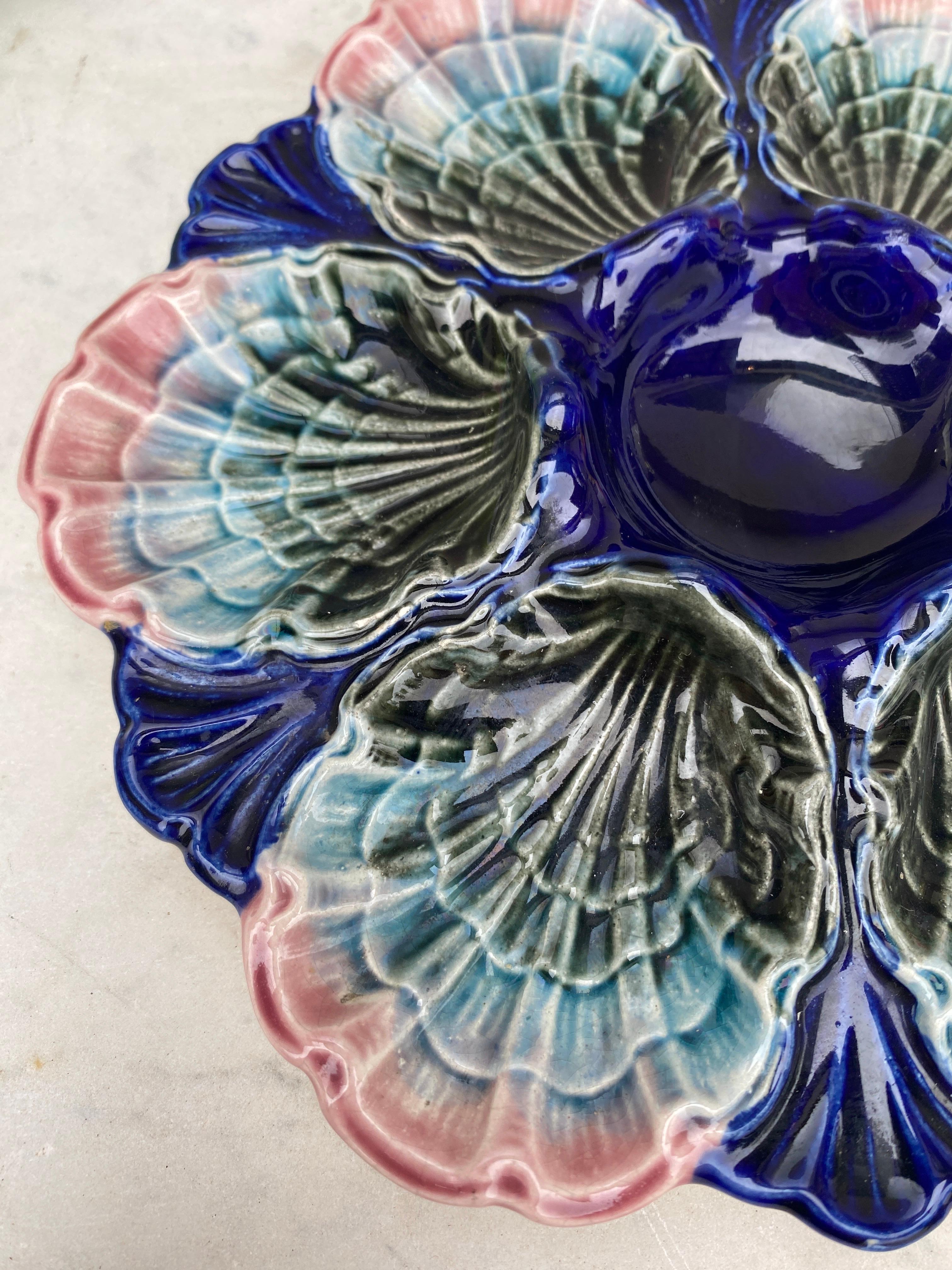 Late 19th Century Very Rare French Majolica Oyster Plate Fives Lille, circa 1890 For Sale