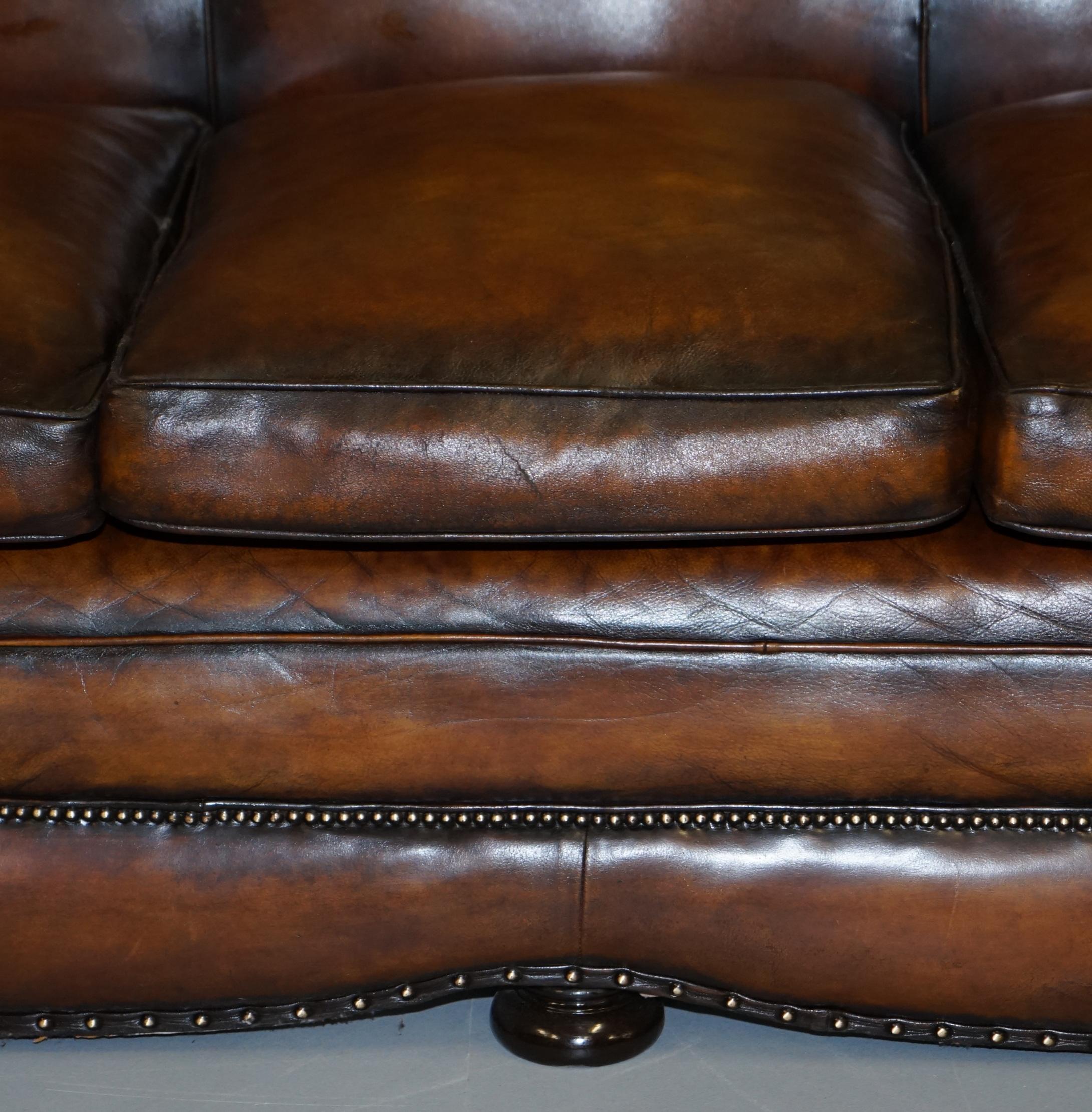 Very Rare Fully Restored Gentleman's Club Moustache Back Brown Leather Sofa For Sale 1