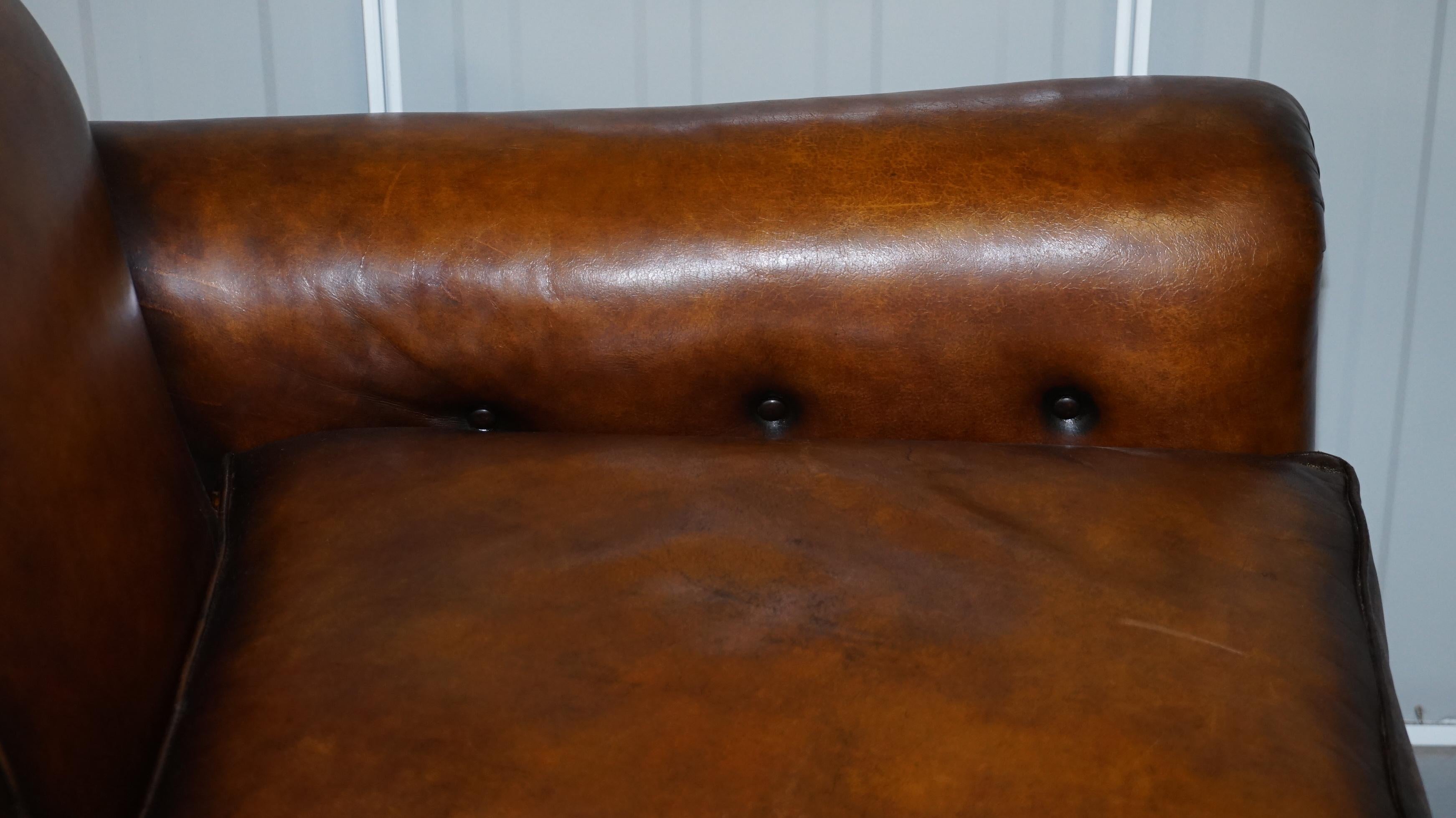 Very Rare Fully Restored Gentleman's Club Moustache Back Brown Leather Sofa For Sale 1
