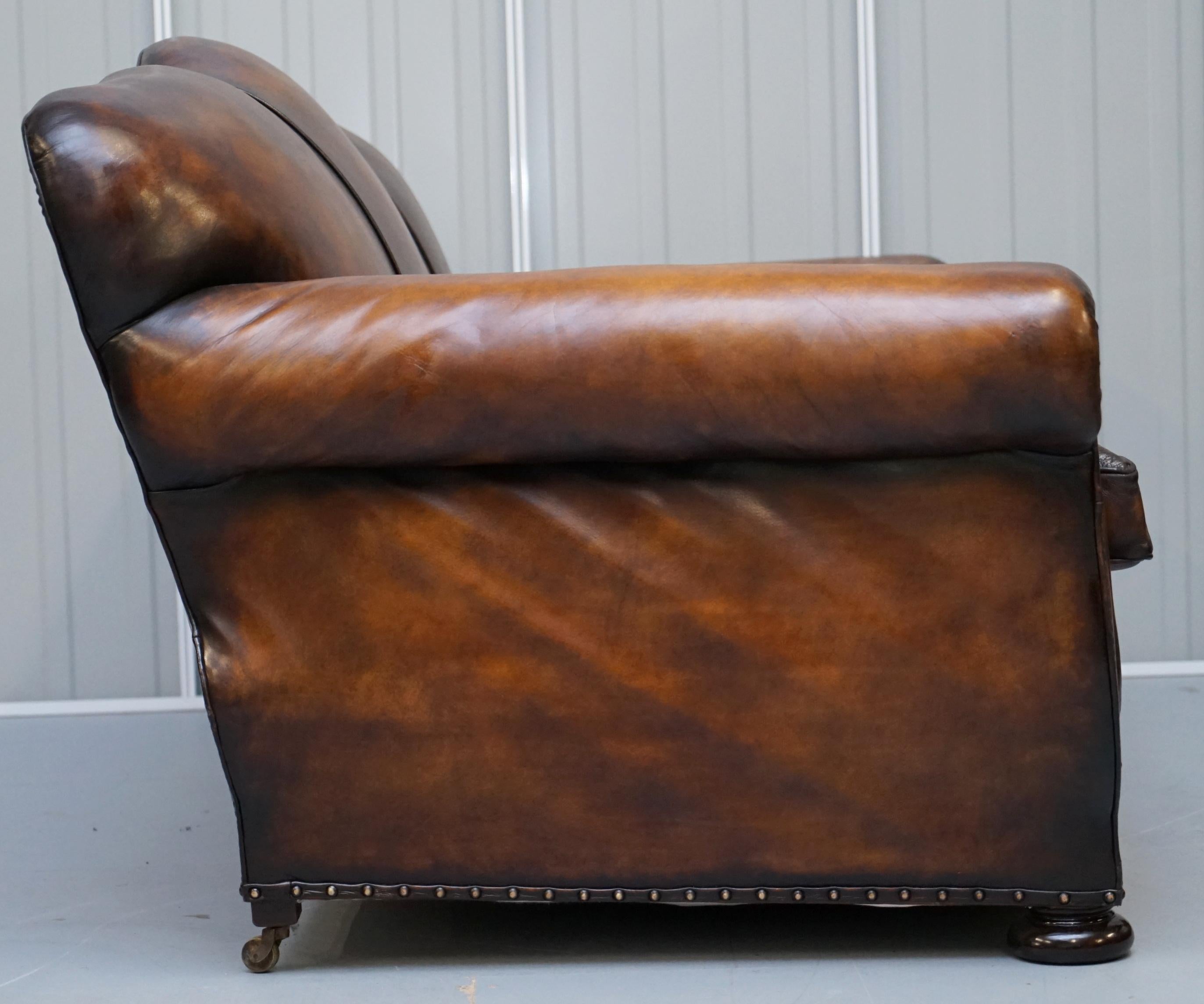 Very Rare Fully Restored Gentleman's Club Moustache Back Brown Leather Sofa For Sale 3