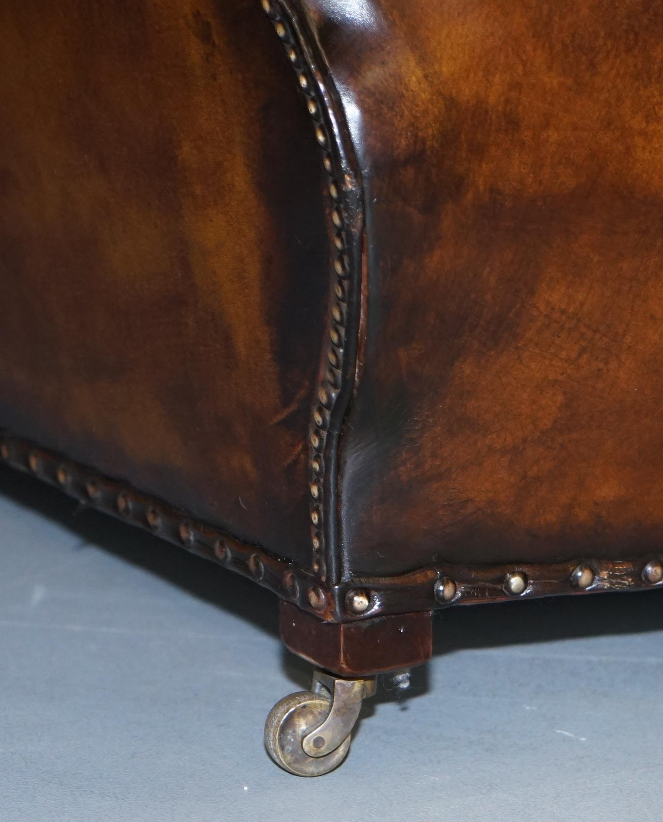 Very Rare Fully Restored Gentleman's Club Moustache Back Brown Leather Sofa For Sale 3